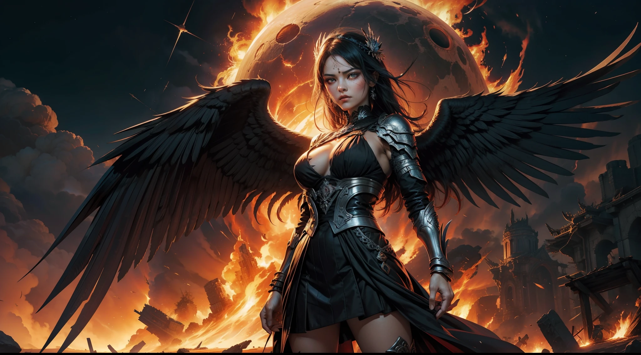 ((best qualtiy)), ((tmasterpiece)), (with dynamism:1.3),(Saturation:1.3),(Close portrait:1.3),(femele:1.4),(big breasts beautiful: 1.4),(carismatic:1.3),angelicales,red color eyes,Bright magic,Large breasts,complex patterns,Film filter, ,dramatics,dynamicposes,illusory engine, (High detail: 1.9),mystic symbols,black toga,massive wings,Black wings,red color eyes,irate,(((There are scars on the face))),Burning longsword,with a volcano in the background,molten lava,((The sky has a huge eye))
