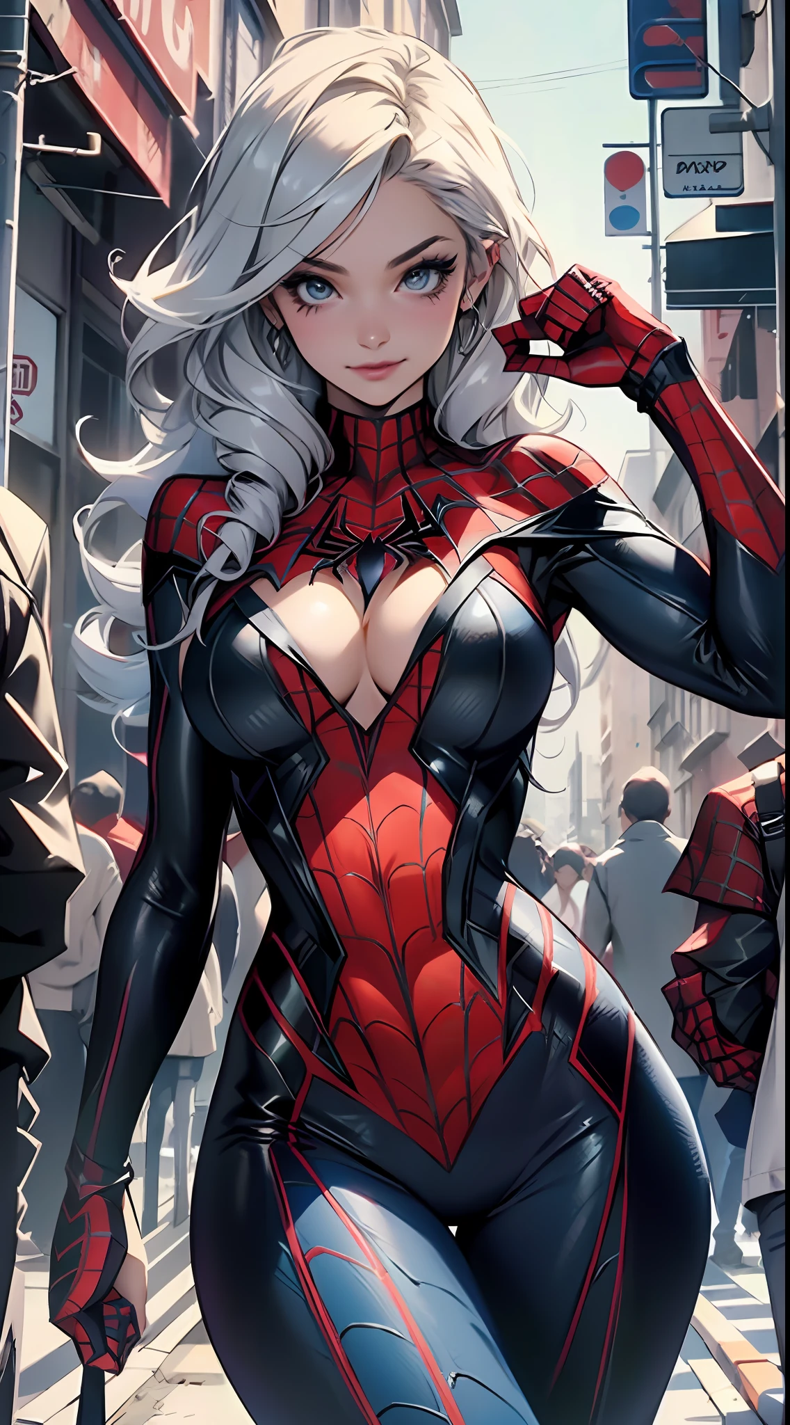Beautiful woman detailed defined body using spider man cosplay,little breast,cleavage,ssmile,Off-the-shoulder attire