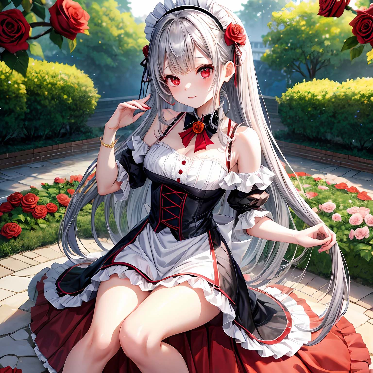 silber hair、red eyes、One pretty girl、独奏、animesque、maid clothes、off shoulders、a miniskirt、A sexy、rose garden