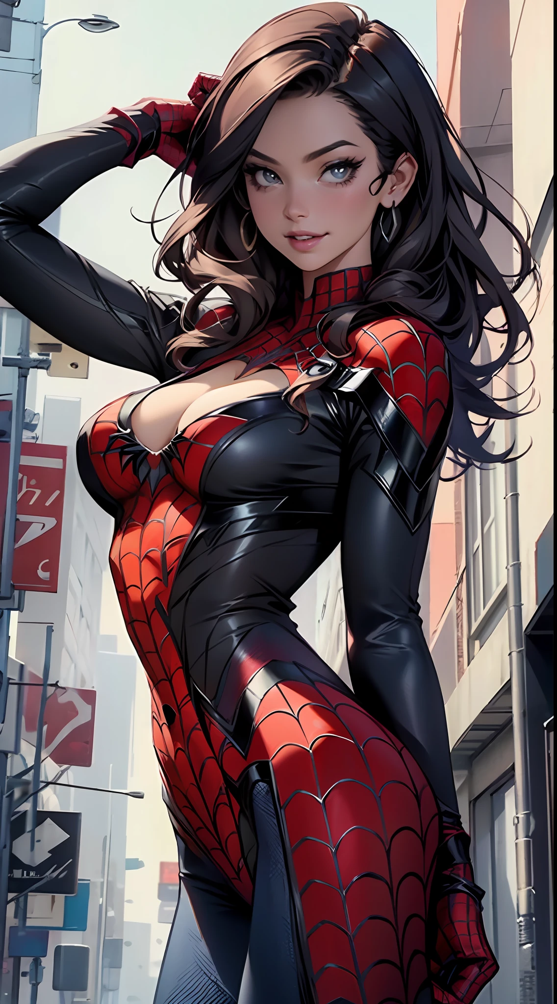 Beautiful woman detailed defined body using spider man cosplay,little breast,cleavage,ssmile,Off-the-shoulder attire
