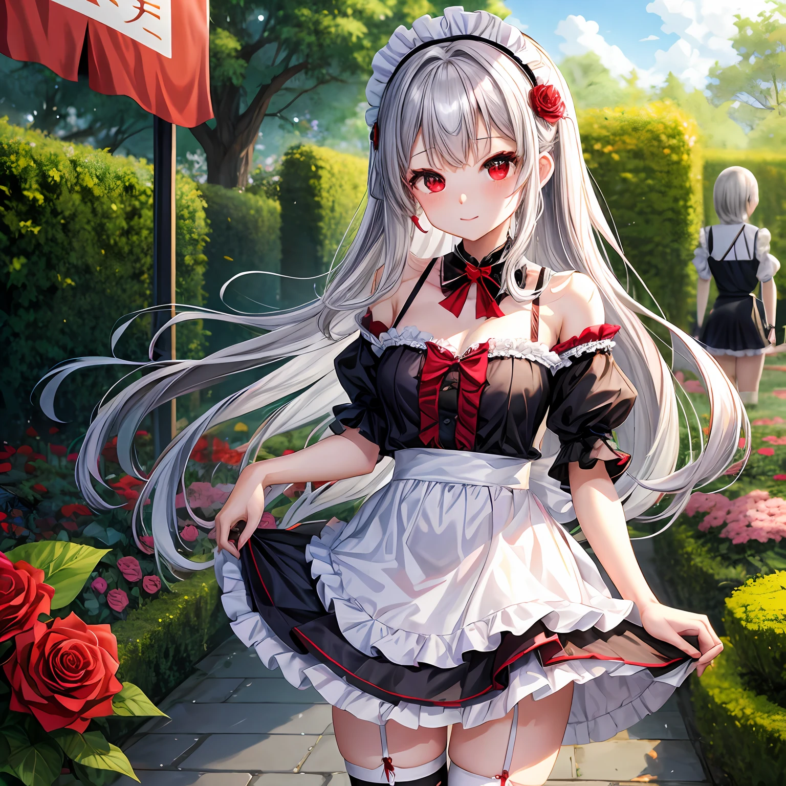 silber hair、red eyes、One pretty girl、独奏、animesque、maid clothes、off shoulders、a miniskirt、A sexy、rose garden