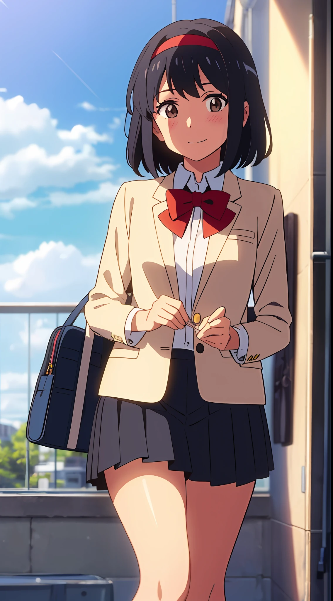shinkai makoto, kimi no na wa., 1girl, bangs, black hair, blush, brown eyes, sky, cloud, collared shirt, looking at the viewer, outdoors, headband, red headband, ribbon, red ribbon, bow, red bow, blazer uniform, school uniform, schoolyard, short hair, smile, solo, shirt, white shirt, skirt, white skirt, long sleeves