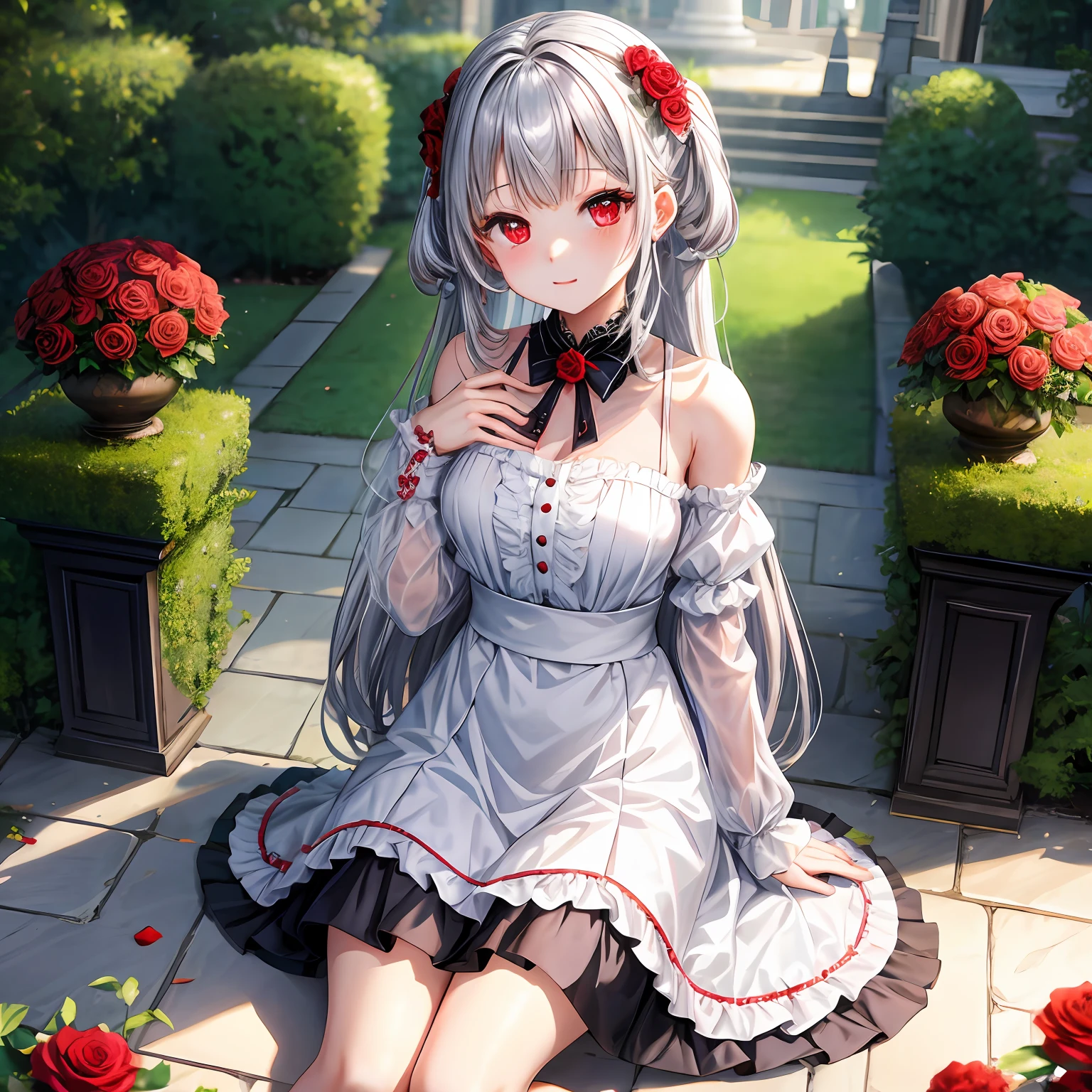 silber hair、red eyes、One pretty girl、独奏、animesque、Maids、off shoulders、a miniskirt、sitting on、rose garden