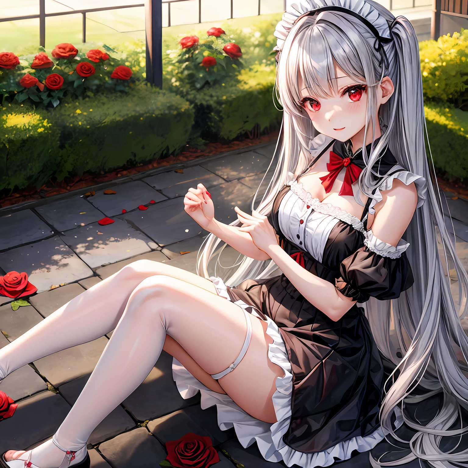 silber hair、red eyes、One pretty girl、独奏、animesque、Maids、off shoulders、a miniskirt、sitting on、rose garden