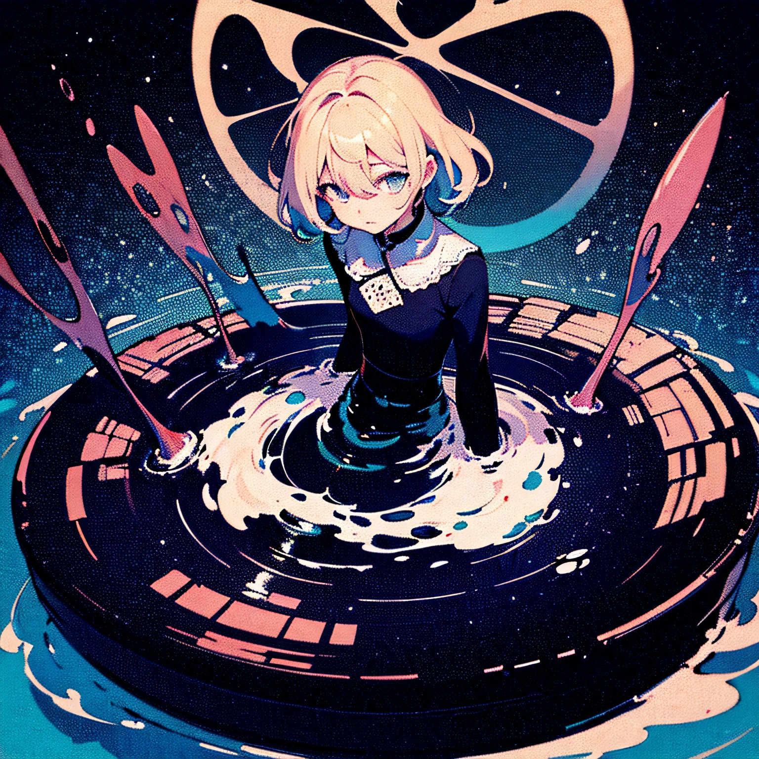 (masterpiece, top quality, best quality, beautiful and aesthetic:1.2), (1girl:1.3),( flat color:1.3), high resolution, extremely detailed, original, colorful, color splash, water, splashing, fisheye, hair between eyes, spiralcurl, pointy hair,