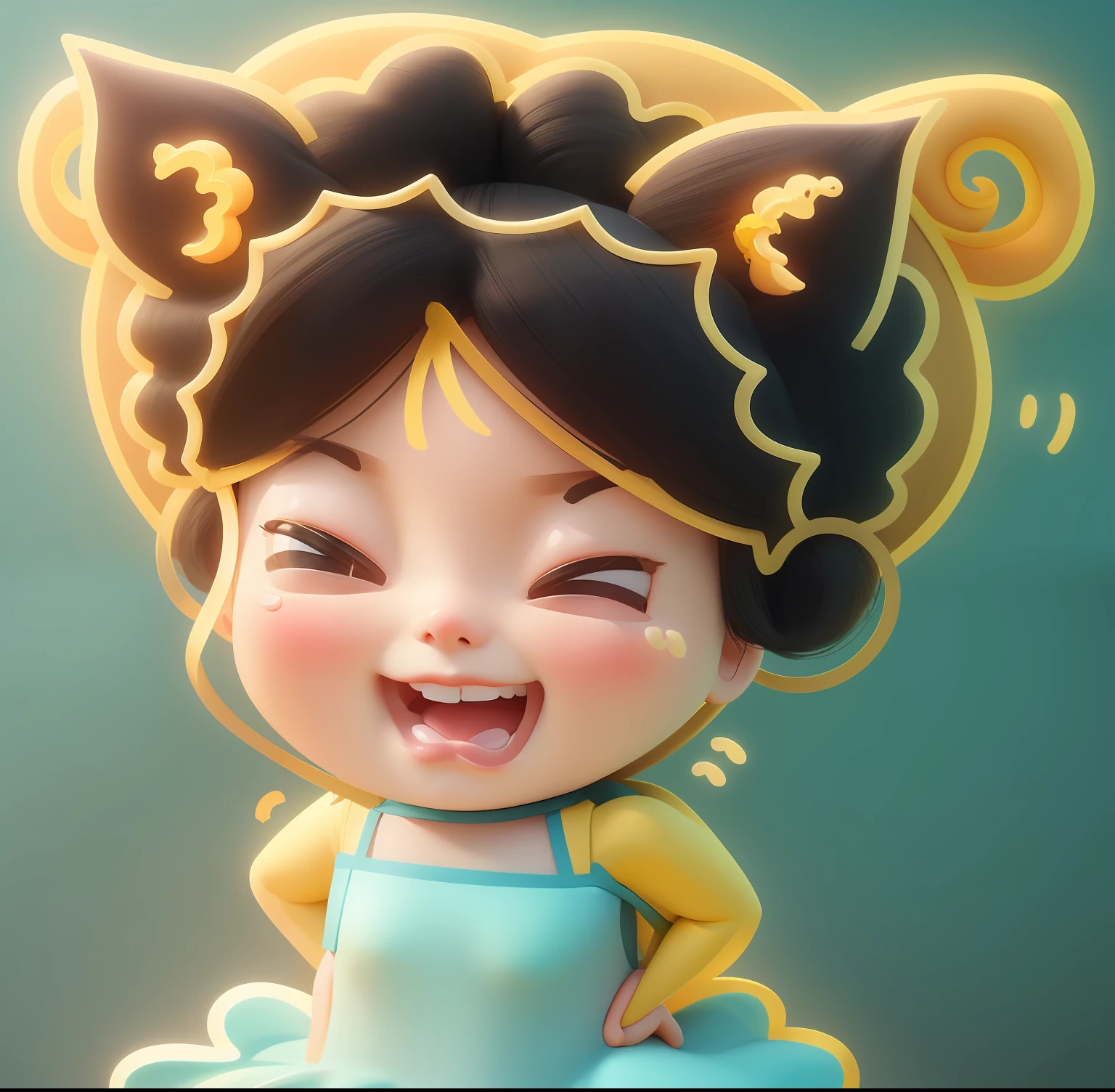 Cartoon girl with yellow bow and yellow dress,(Close your eyes and laugh),(Cross your hands at the waist), 3D rendering style, Blind box style,Ultra high quality,hyper-high detail,
