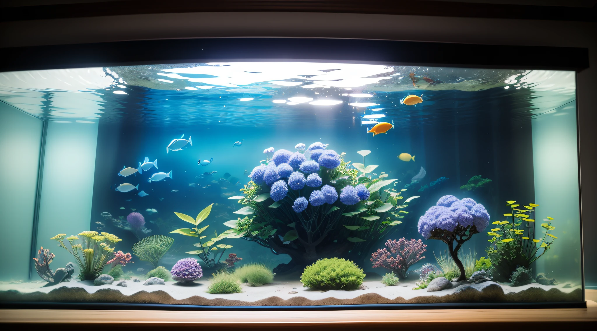 Giant aquarium in an aquarium、Multiple hydrangeas in the aquarium、top-quality、8K、masterpiece、a picture、Photorealsitic、Raw photography、top-quality、high-detail、真实感、photos realistic、Professional color correction