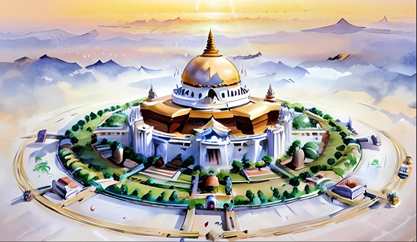 Mandala，A huge and vast city, The walls have a total of four ornate gates，Tall building，On the top floor is a golden stupa，Gorgeous and peculiar great building, Clouds drift over the middle floors of the building，with blue sky and white clouds，buddhist architecture, buddhist temple, buddhist monastery on mars, abbey, omar shanti himalaya tibet,A digital rendering, monumental giant palace, dmt temple，