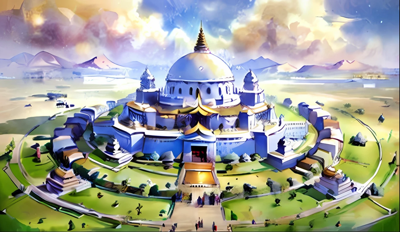 Mandala，A huge and vast city, The walls have a total of four ornate gates，Tall building，On the top floor is a golden stupa，Gorgeous and peculiar great building, Clouds drift over the middle floors of the building，with blue sky and white clouds，buddhist architecture, buddhist temple, buddhist monastery on mars, abbey, omar shanti himalaya tibet,A digital rendering, monumental giant palace, dmt temple，