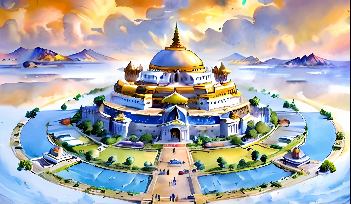 Mandala,A huge and vast city, The walls have a total of four ornate gates,Tall building,On the top floor is a golden stupa,Gorgeous and peculiar great building, Clouds drift over the middle floors of the building,with blue sky and white clouds,buddhist architecture, buddhist temple, buddhist monastery on mars, abbey, omar shanti himalaya tibet,A digital rendering, monumental giant palace, dmt temple,
