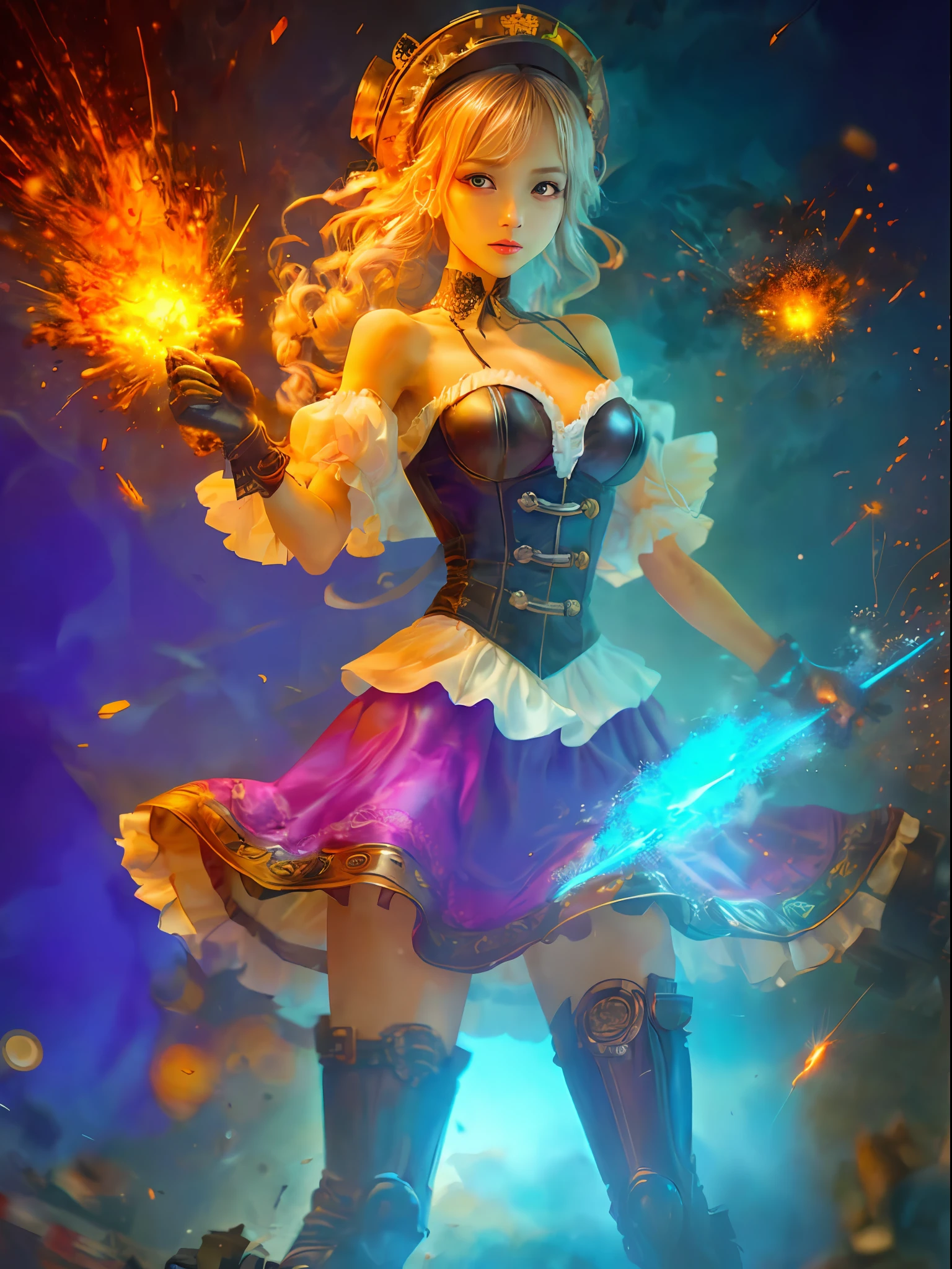 ((ultra best quality)), ((A very masterpiece)), ((The ultra-detailliert:1.4)), ((Ultra-Photorealistic 3D)), android mage girl, Mechanical body, Dynamic action poses in battle scenes, Mechanical weapons of very complex and heavy fighters, Off-the-shoulder fashion fused with detailed and intricate steampunk and detailed gothic lolita, Complex steampunk headgear, very thin long legs、Mechanical boots above the knee、Fluttering lace flared mini skirt、 beautiful small breasts directed upwards、rather long vertical curly silver hair moved by the wind,、Countless shining large spheres flying around、Lots of sparks cross and fly、Countless neon lights raining down from magic-invoking poses、Steampunk Factory、Complex and precise mechanical ruins、Very dark night background、Very dramatic and cinematic lighting。Manipulate lightning at your disposal。Beauty manipulating lightning。Thunderbolt。Lightning。lightning magic。Thunder around。Lightning from the palm。
