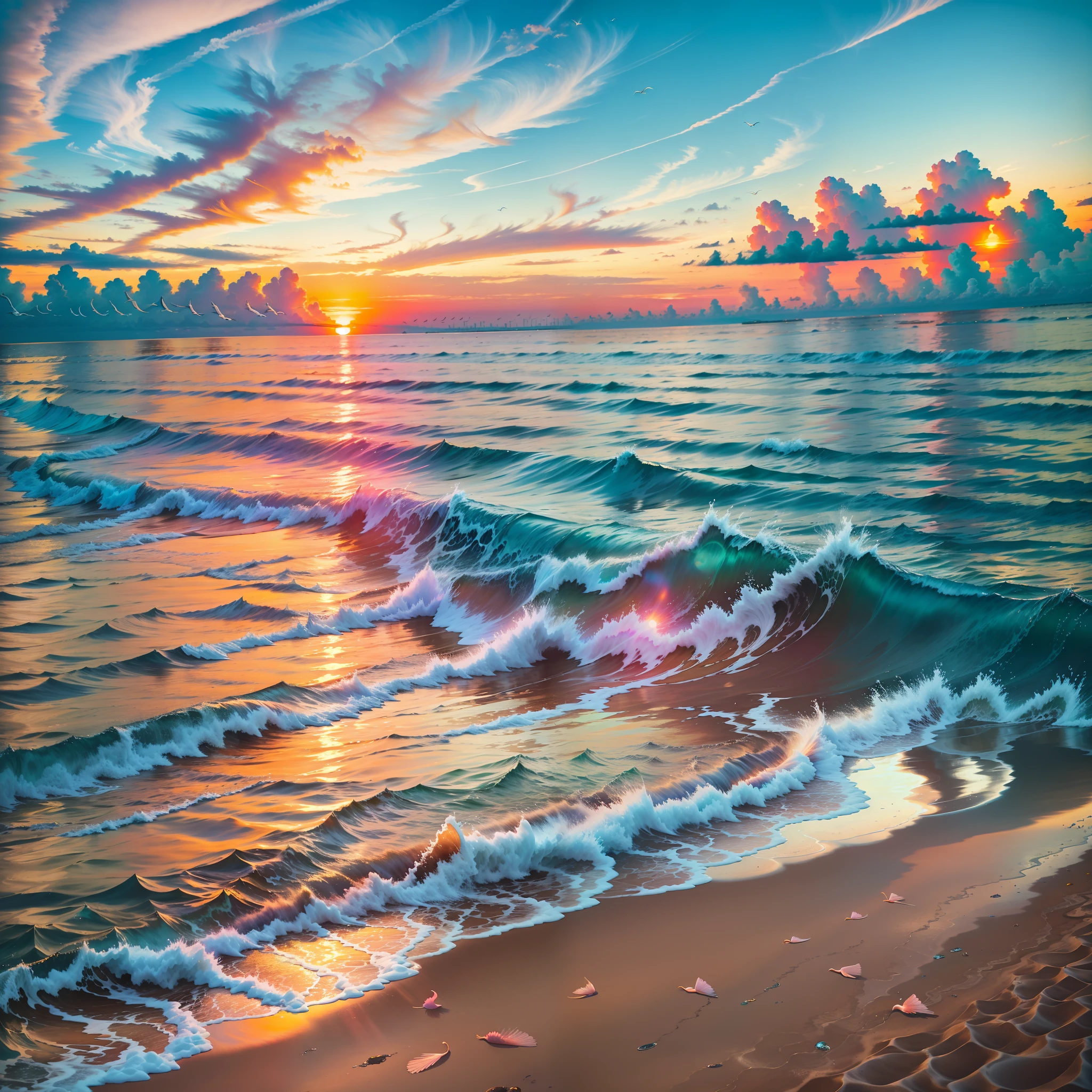An absolutely mesmerizing sunset over the beach, with a blend of oranges, pinks, and yellows filling the sky. Crystal-clear waters of the sea gently kissing the shore, with sandy white beach stretching far and wide. The scene is dynamic and breathtaking, with seagulls soaring high in the sky and gently swaying palm trees. Take in the calming atmosphere and let the peacefulness wash over you.