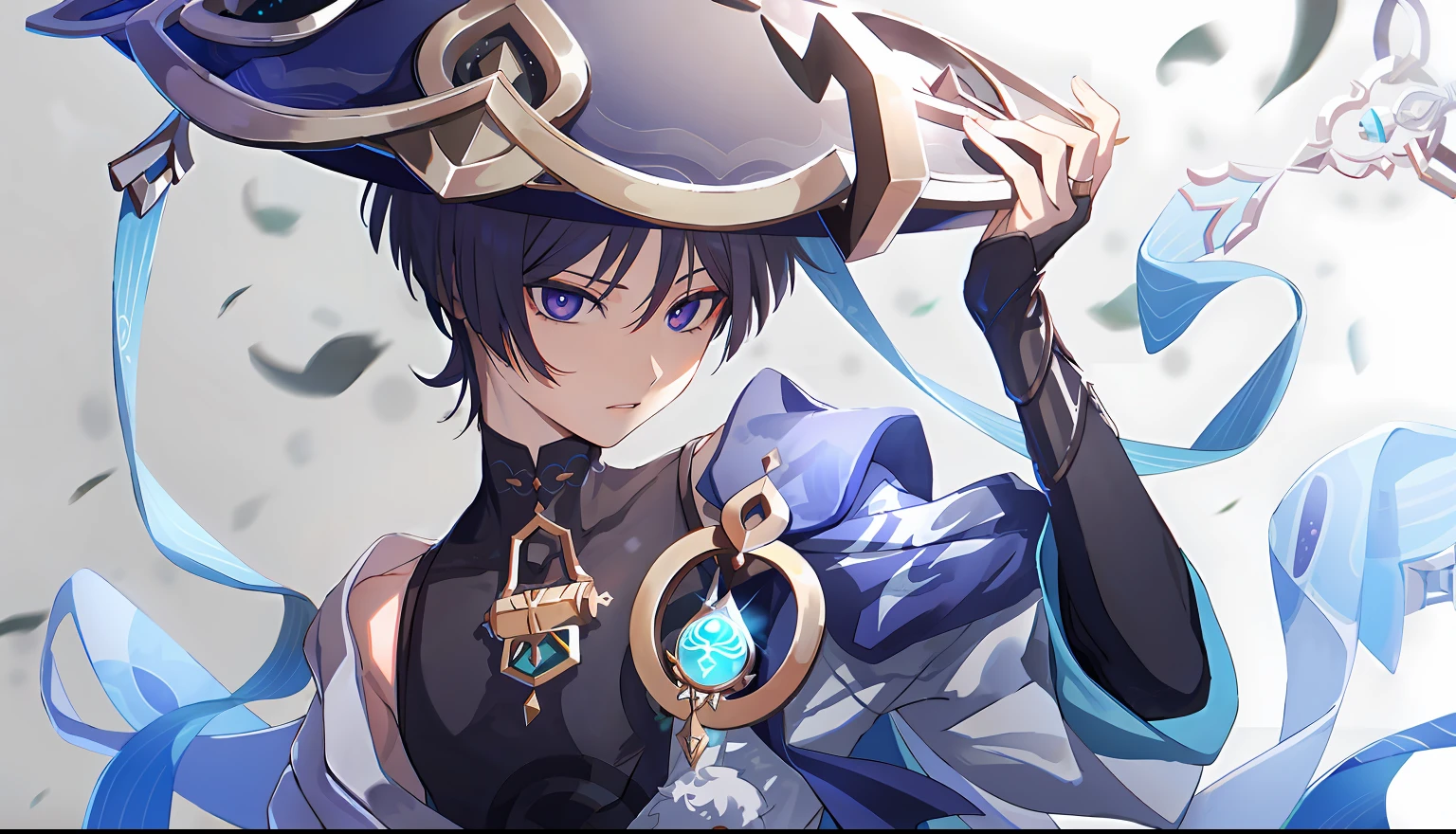 Anime characters wearing hats and necklaces with swords, Detailed key anime art, black-haired mage, Key anime art, Genshin, closeup portrait of an mage, Keqing from Genshin Impact, portrait of a mage, zerochan art, Detailed digital anime art, zhongli from genshin impact, advanced digital anime art ”, detailed anime character art