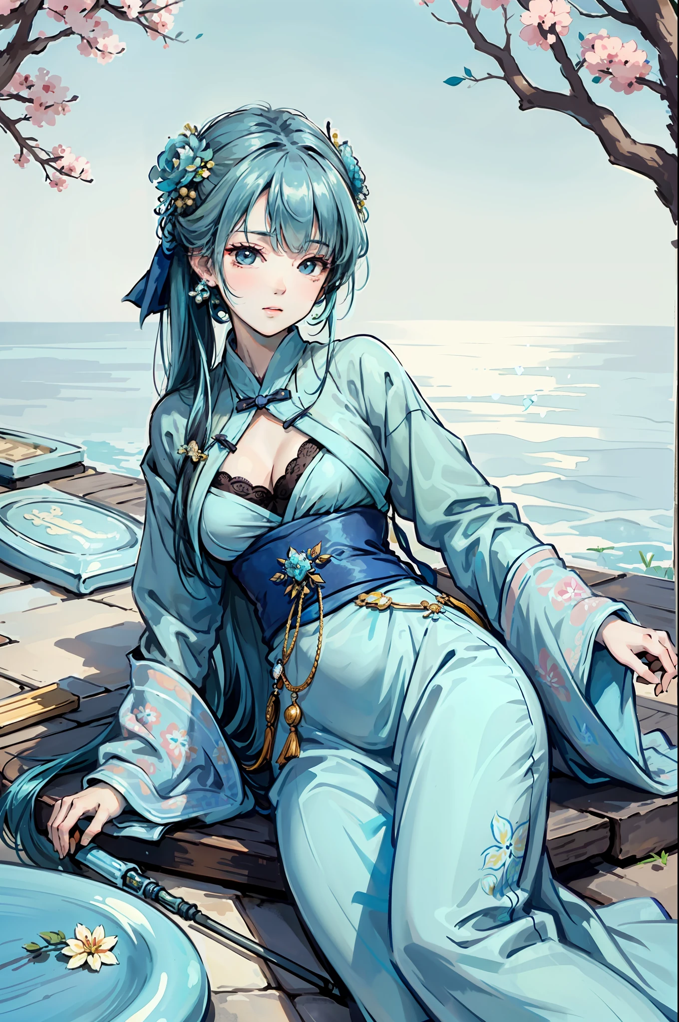 Woman in cyan Hanfu,Lie on your side on a bluestone slab,Surrounded by flowers,high qulity,Fair skin,Strong sense of light,The chromaticity is purer
