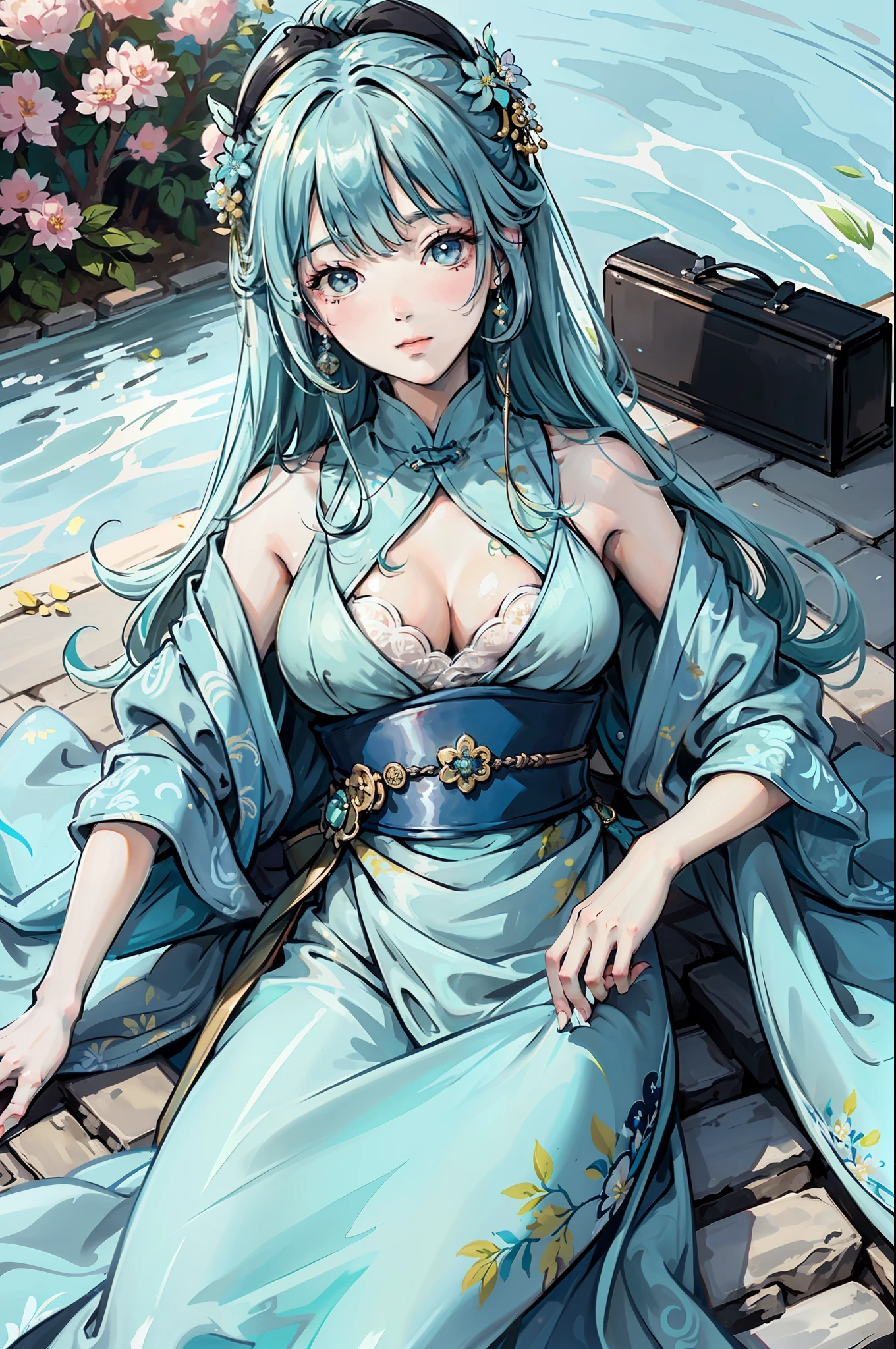 Woman in cyan Hanfu,Lie on your side on a bluestone slab,Surrounded by flowers,high qulity,Fair skin,Strong sense of light,The chromaticity is purer