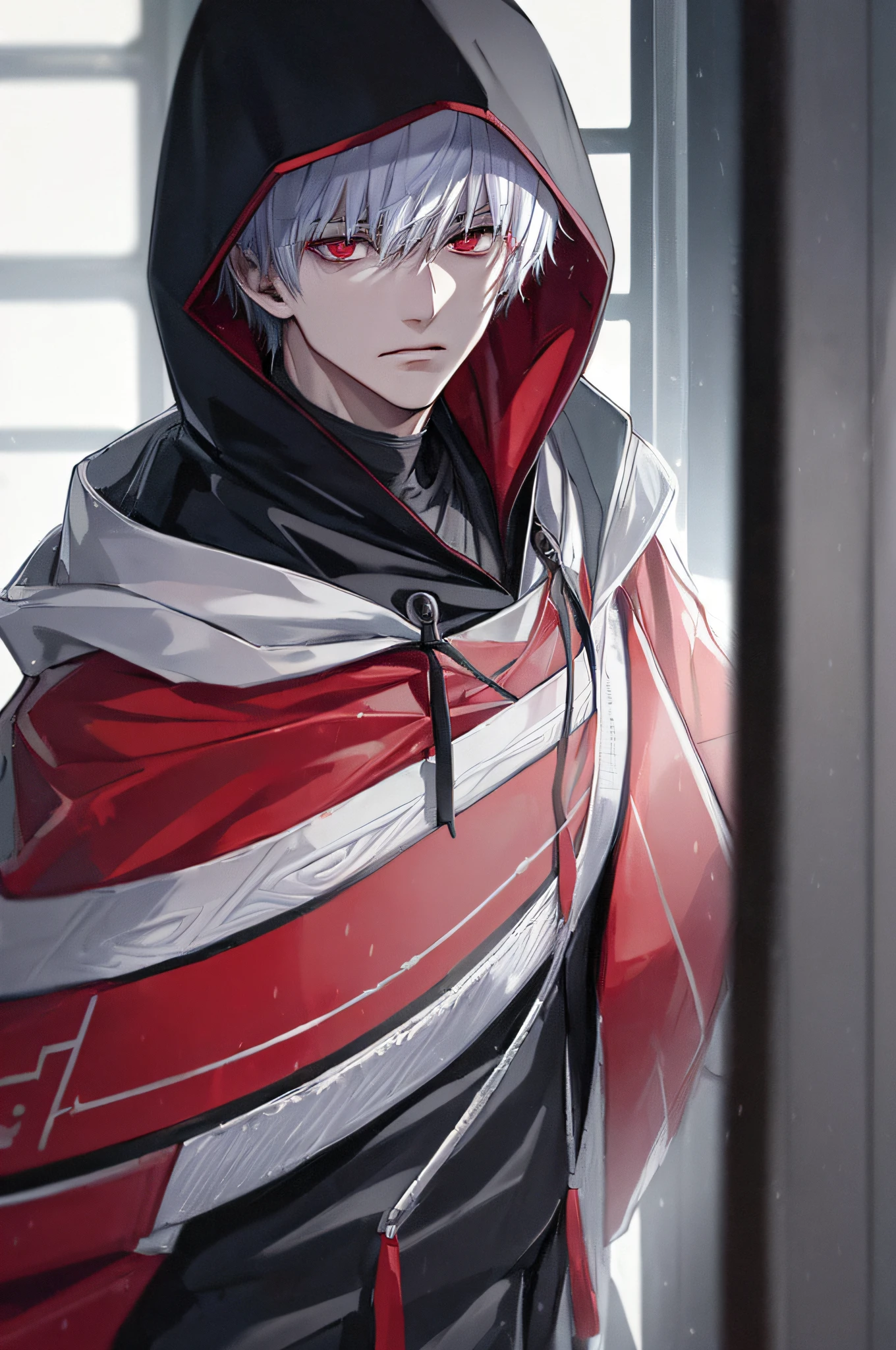 kk, best quality, more details, masterpiece, 1boy, kaneki ken, portrait, male focus, red eyes, solo, bangs, looking at viewer, hood, short hair, rain, tokyo tokyo \(city\), hood up, nail polish, white hair, luxurious, 8k, detailed, ray tracing, depth of field, cinematic lighting,