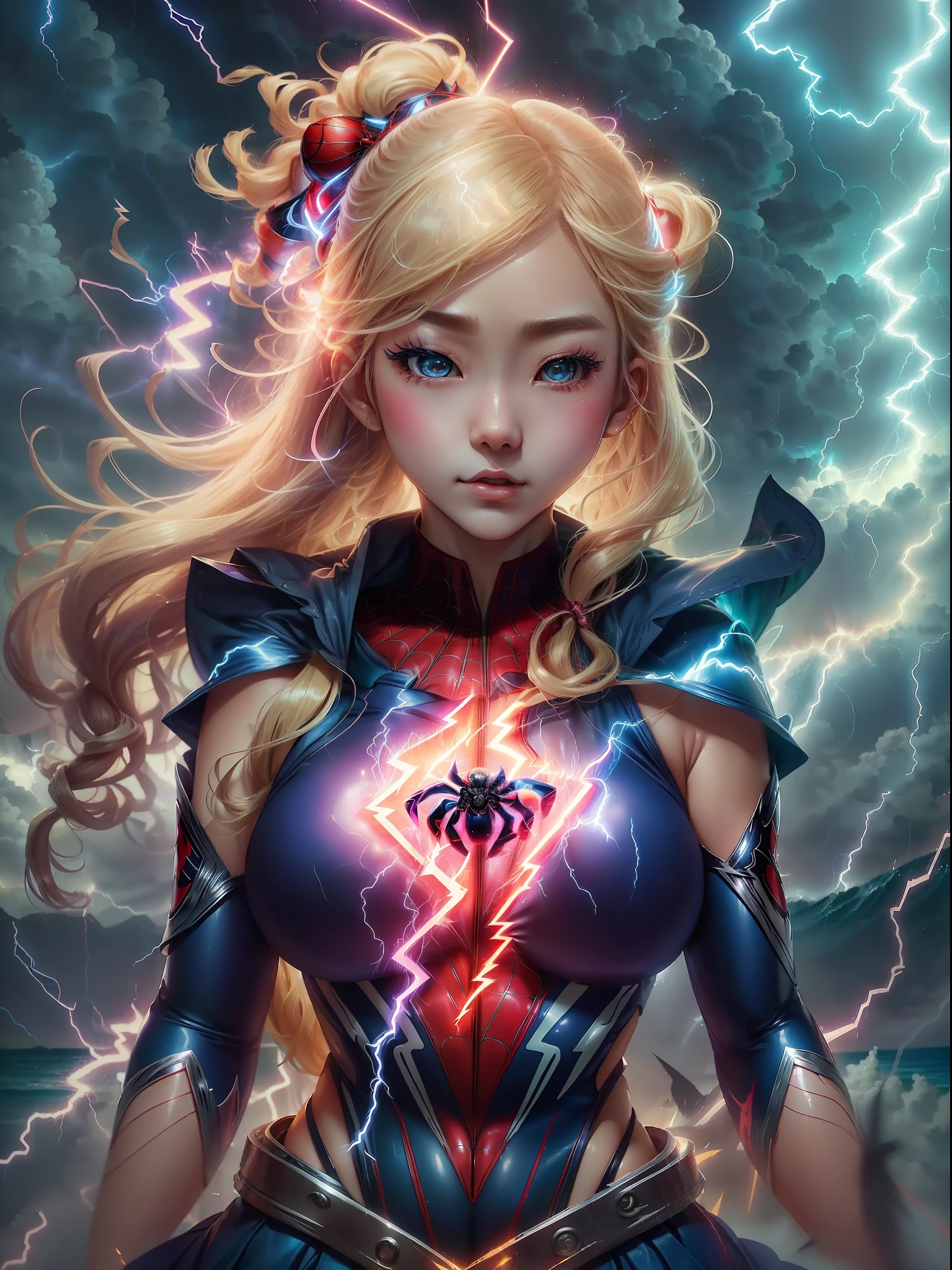 Japan female body, Spiderman costume dress, Cute 25 years old,Big Tits Neon Blue Sky, lightning bolt。Lightning。Thunder around。⚡。Beauty manipulating lightning。Manipulate lightning at your disposal。lightning magic。Above the sea。a blond。shorth hair。skirt by the。Lightning from the palm。