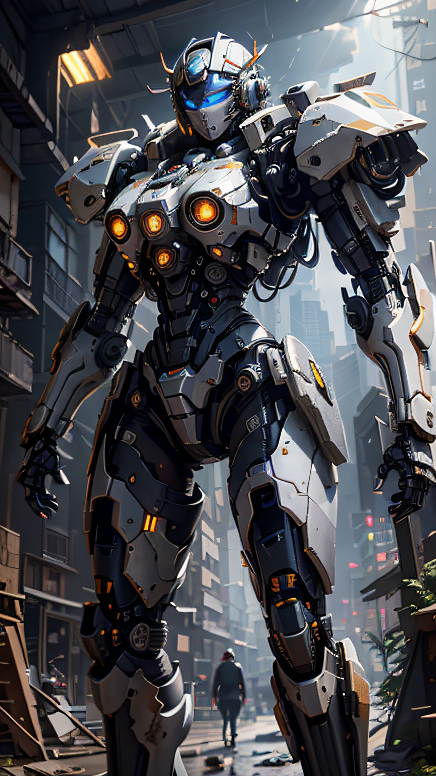 ((Best Quality)), ((Masterpiece)), (Very detailed:1.3), 3D, Shitu-mecha, Beautiful cyberpunk woman with her mech in a dilapidated factory building, futuristic technology, HDR (High Dynamic Range), ray tracing, NVIDIA RTX, Super Resolution, Unreal 5, Subsurface scattering, PBR textures, Post-processing, Anisotropic filtering, Depth of field, Maximum sharpness and sharpness, Multi-layer textures, Albedo and highlight maps, Surface shading, Accurate simulation of light-material interactions, perfect proportions, octane rendering, duotone lighting, low ISO, white balance, rule of thirds, wide aperture, 8K RAW, efficient sub-pixels, subpixel convolution, luminescent particles, light scattering, Tyndall effect