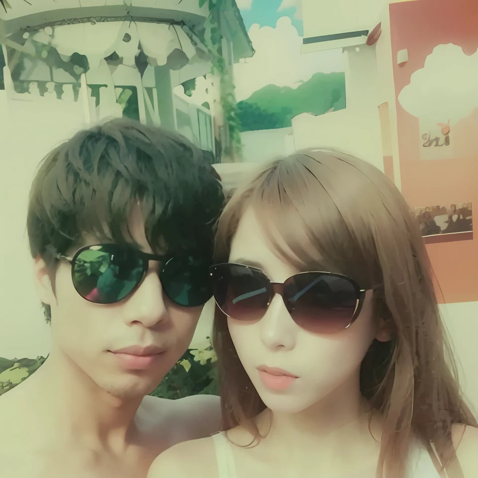 there are two people that are posing for a picture together, with sunglass, with her long, cute couple, with ivy, wears sunglasses, couple, vacation photo, ruan jia and brom, in love selfie, leaked photo, polaroid shot, Holga 120N, photo on iphone, With sunglasses, grainy vintage, photo 35mm