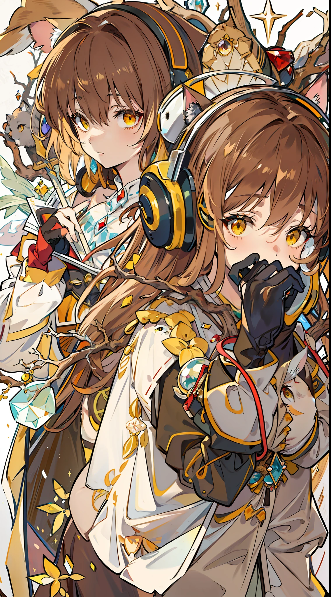 brown hair, big hair, crystal hair, hime cut, jeweled branch of hourai, mole under eye, dashed eyes, yellow eyes, @ @, cat ear headphones, rape face, character chart, multiple monochrome, Ghibli-like colours, masterpiece