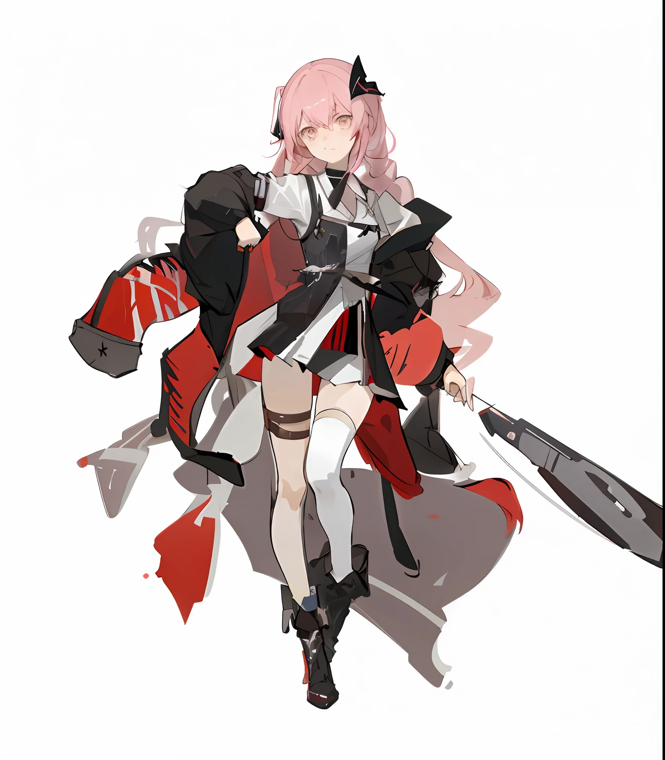 Anime characters holding swords,Pink hair and black and white clothes, From Arknights, lollipop, Azur route style,, pixiv 3dcg, Anime character design, A scene from the《Azur route》videogame, Kantai collection style
