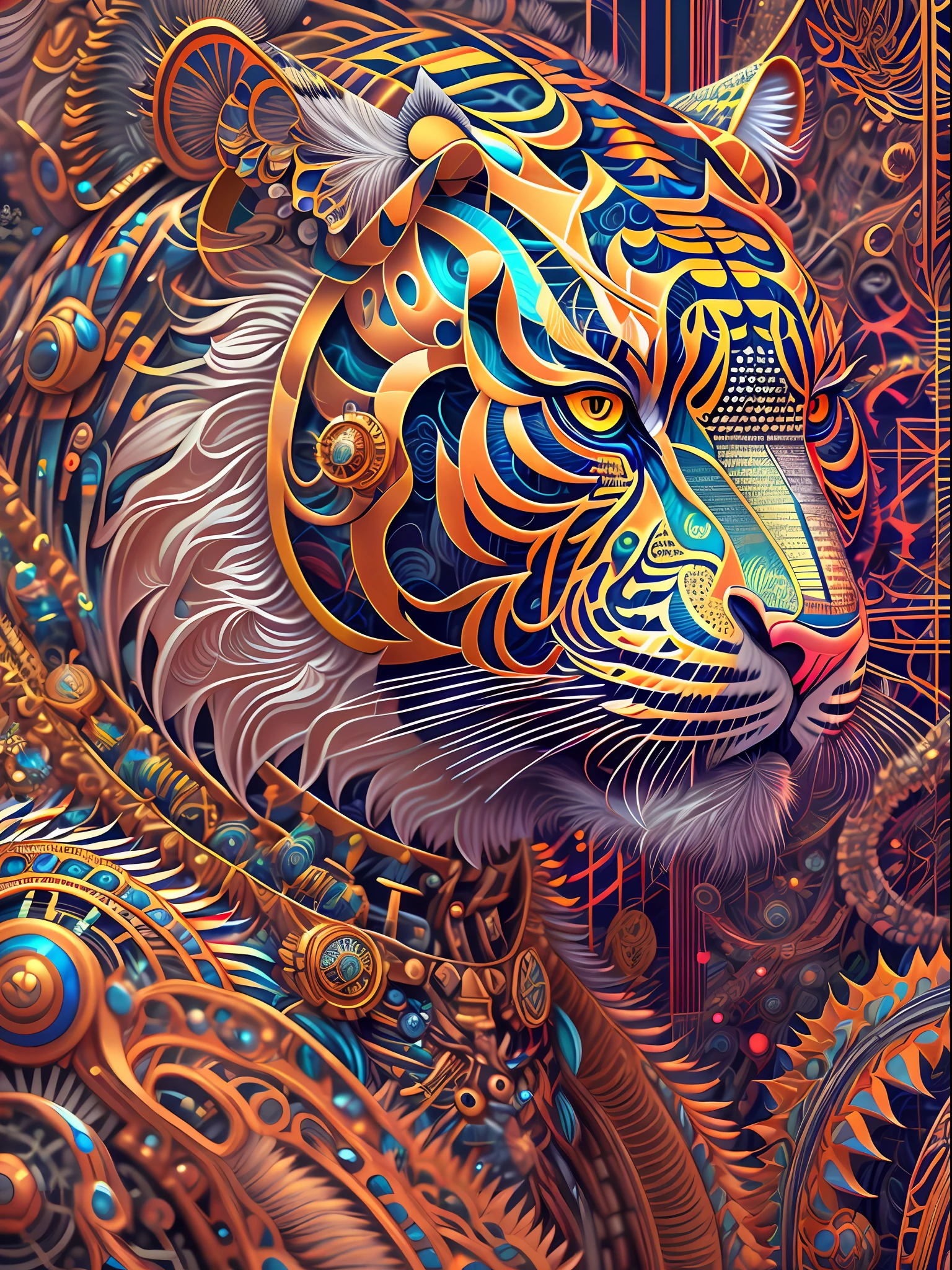 android mechnical Tiger Warrior,robot,earnst haeckel, james jean. generative art, baroque, intricate patterns, fractalism, movie still, photorealistic, vibrant Tiger fur, intricate, elegant, highly detailed, digital painting, artstation, smooth, sharp focus, illustration, outrun, vaporware,full body shot