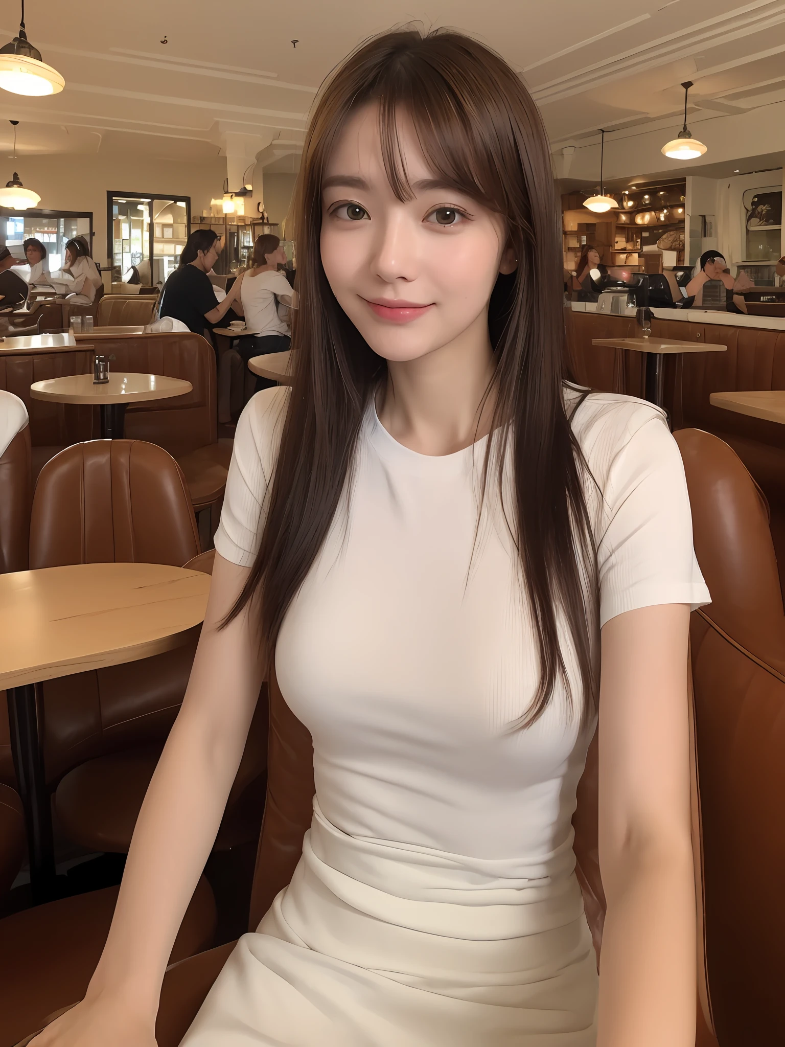 ((、excellent、8k、​masterpiece:1.3))、1 female、The upper part of the body、Confident、(selphie:1.5)、white t-shirts、Big、Focal length:1.2、Slender abs:1.1、(Dark brown hair))、(Sitting on a chair:1.2)、((cafes:1.3))、Highly detailed facial and skin texture、