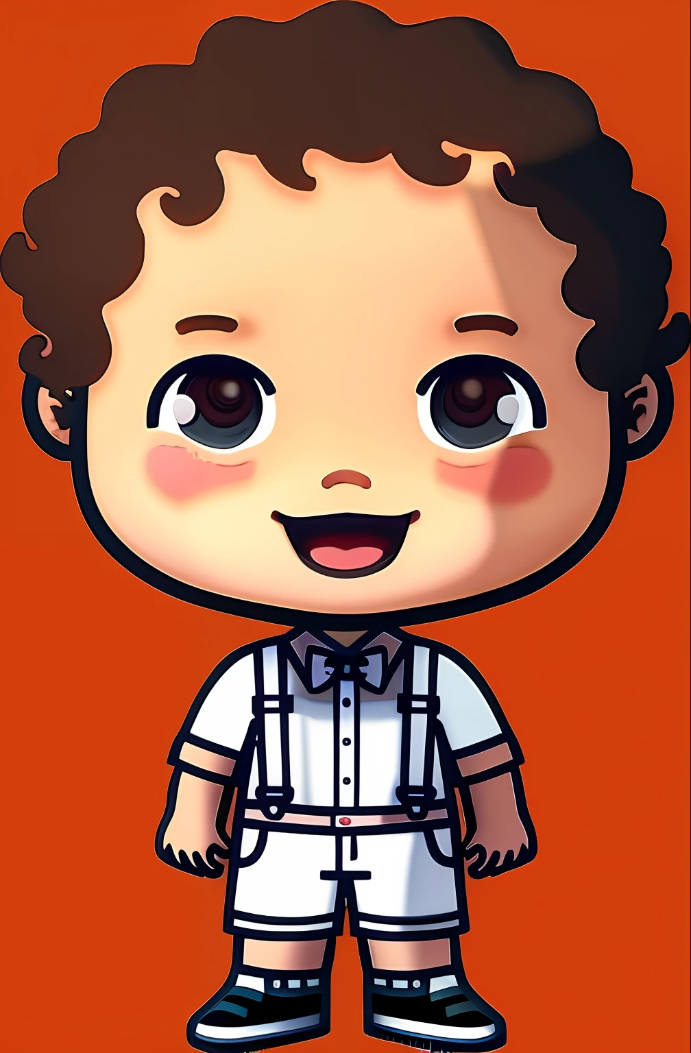 A cartoon boy with a suspender and a white shirt, Harry Volk Estilo Clip Art, ele tem cabelos castanhos curtos e cacheados, personagem bonito dos desenhos animados, hd illustration, Chibi, estilo vetorial cartunesco, emoji nerd, mascote de corpo inteiro, in cartoon style, Um Anime Nendoroid de Elon Musk, estilo Chibi, Octopata estilo viajante, Retrato de corpo inteiro do personagem, Clipart