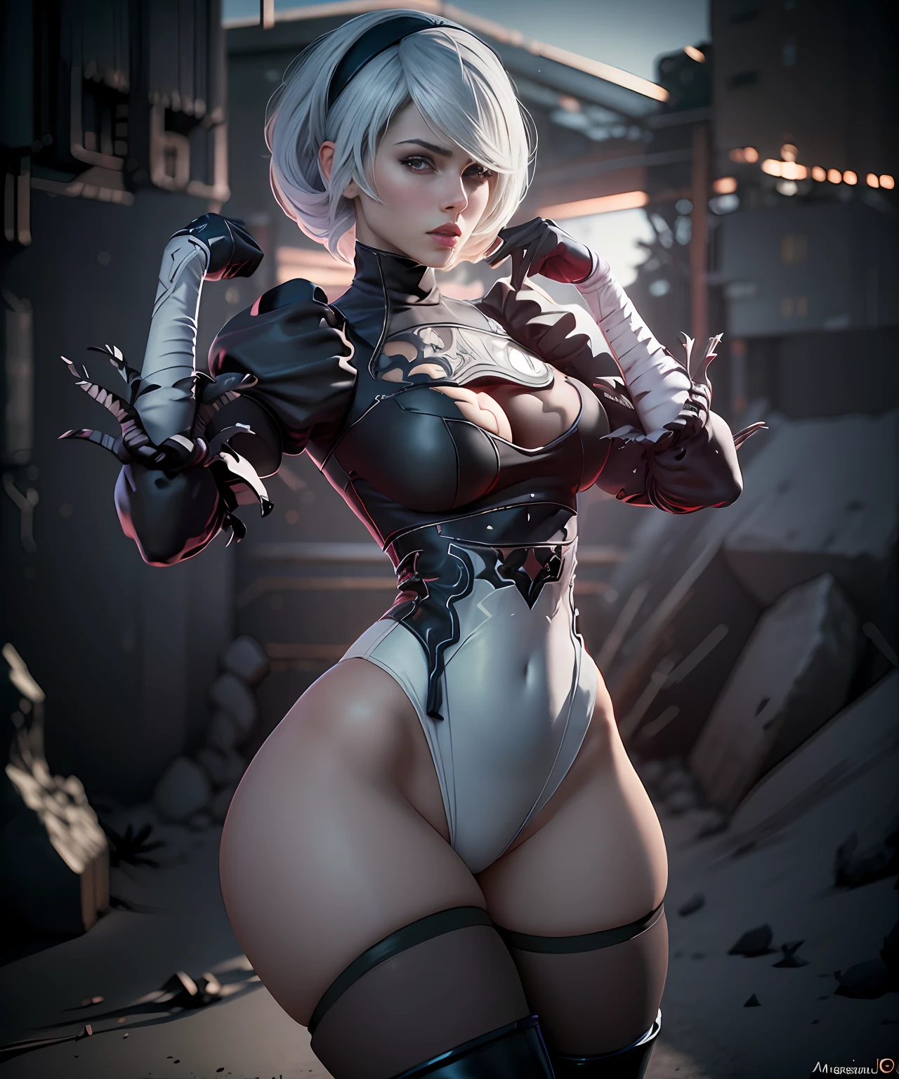 Mujer arafed con un traje negro y medias de red, Canario Negro, Personaje del juego de lucha, 3D render character art 8 k, como personaje en Tekken, Render de abril, Personaje 3D realista, Pose de luchador, Personaje de King of Fighters, Pose de lucha, Renderizado de 3 caracteres D, Render fotorrealista de Anime Girl, Personaje femenino, Personaje principal femenino