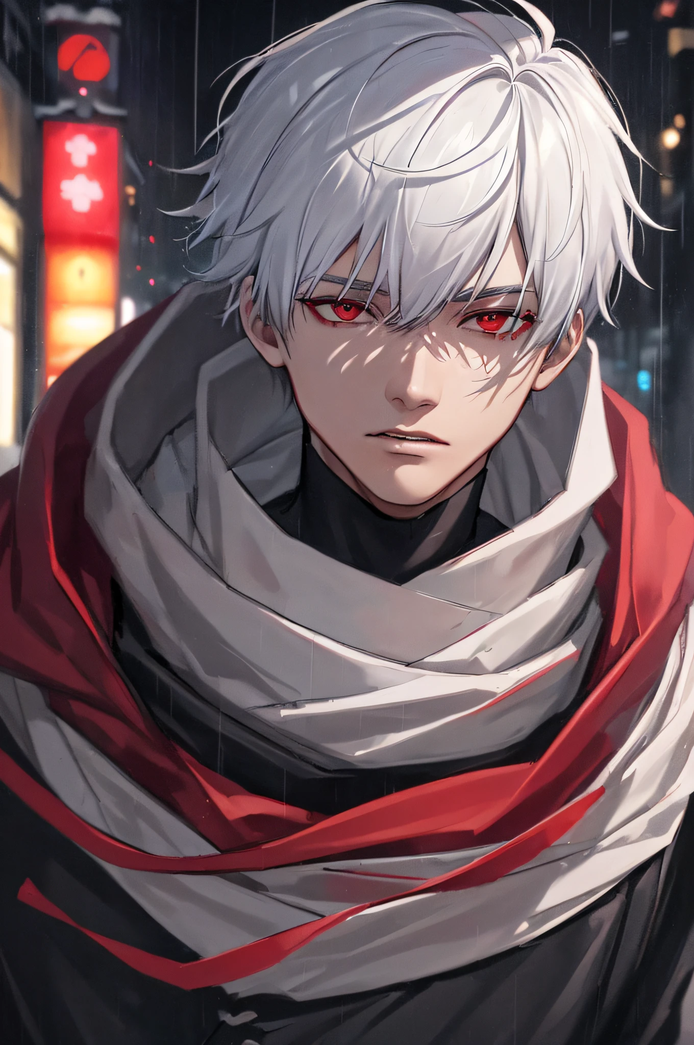 kk, best quality, more details, masterpiece, 1boy, kaneki ken, portrait, male focus, red eyes, solo, bangs, looking at viewer, hood, short hair, rain, tokyo tokyo \(city\), hood up, nail polish, white hair, luxurious, 8k, detailed, ray tracing, depth of field, cinematic lighting,