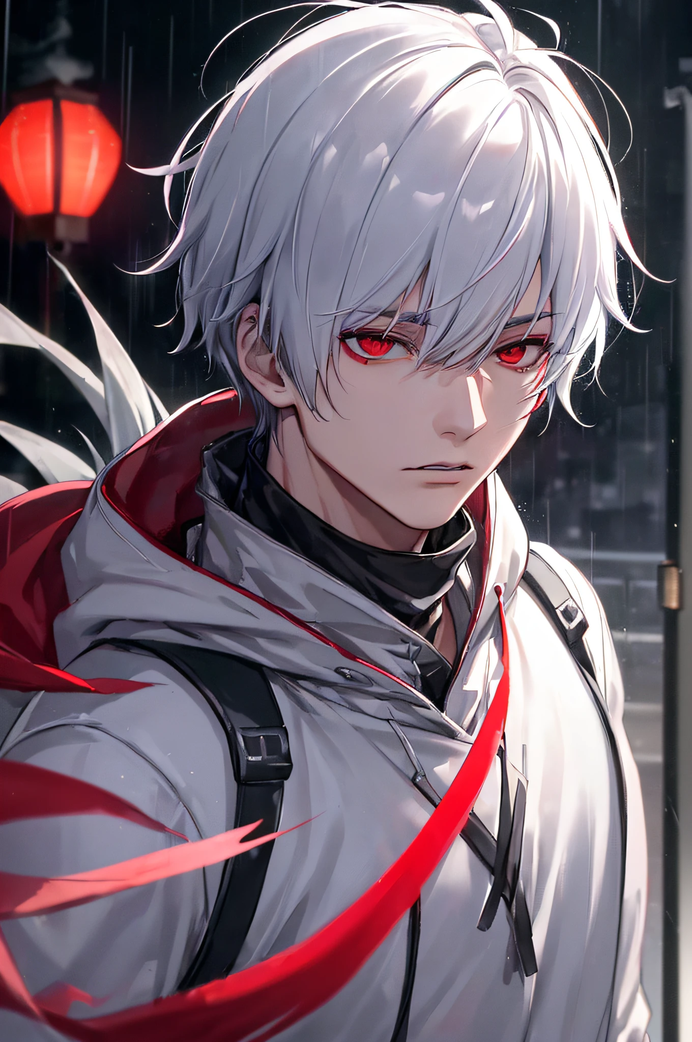 kk, best quality, more details, masterpiece, 1boy, kaneki ken, portrait, male focus, red eyes, solo, bangs, looking at viewer, hood, short hair, rain, tokyo tokyo \(city\),  hood up, nail polish, white hair, luxurious, 8k, detailed, ray tracing, depth of field, cinematic lighting,