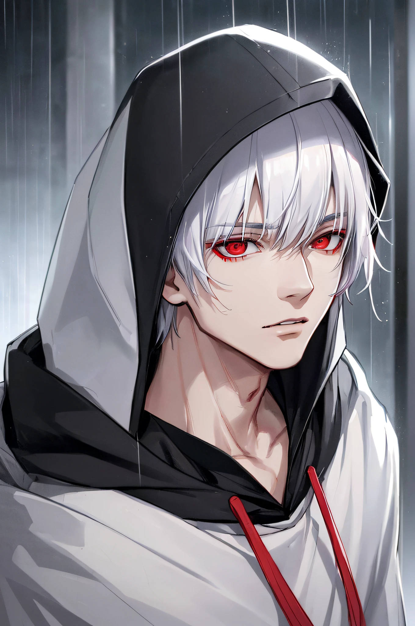 kk, best quality, more details, masterpiece, 1boy, kaneki ken, portrait, male focus, red eyes, solo, bangs, looking at viewer, hood, short hair, rain, tokyo tokyo \(city\), hood up, nail polish, white hair, luxurious, 8k, detailed, ray tracing, depth of field, cinematic lighting,