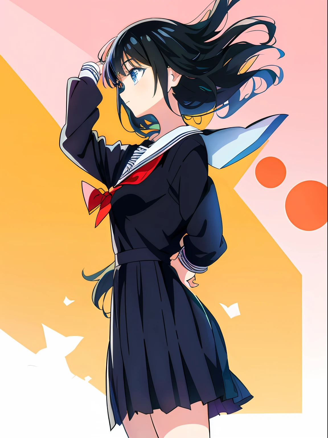 a drawing of a woman in a school uniform holding her hair, anime girl wearing a black dress, tall female emo art student, inspired by Tsuruko Yamazaki, in an anime style, inspired by Un'ichi Hiratsuka, inspired by Kusumi Morikage, windy day, her hair blowing in the wind, black - haired mage, wind blowing hair, highly detailed