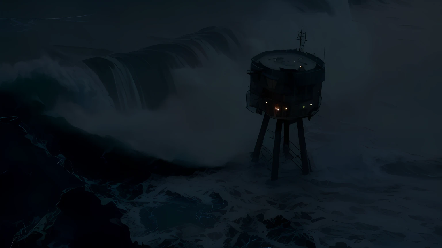 Arafed tower in the middle of a body of water with a light on top, inspired by Simon Stålenhag, Cinematografia deslumbrante e mal-humorada, wild ocean storm at night, Paisagem do filme de Neil Blomkamp, simon stålenhag color scheme, violent stormy waters, torre inundada, simon stälenhag, Houdini VFX, Efeitos visuais impressionantes, Pintura fosca 8K