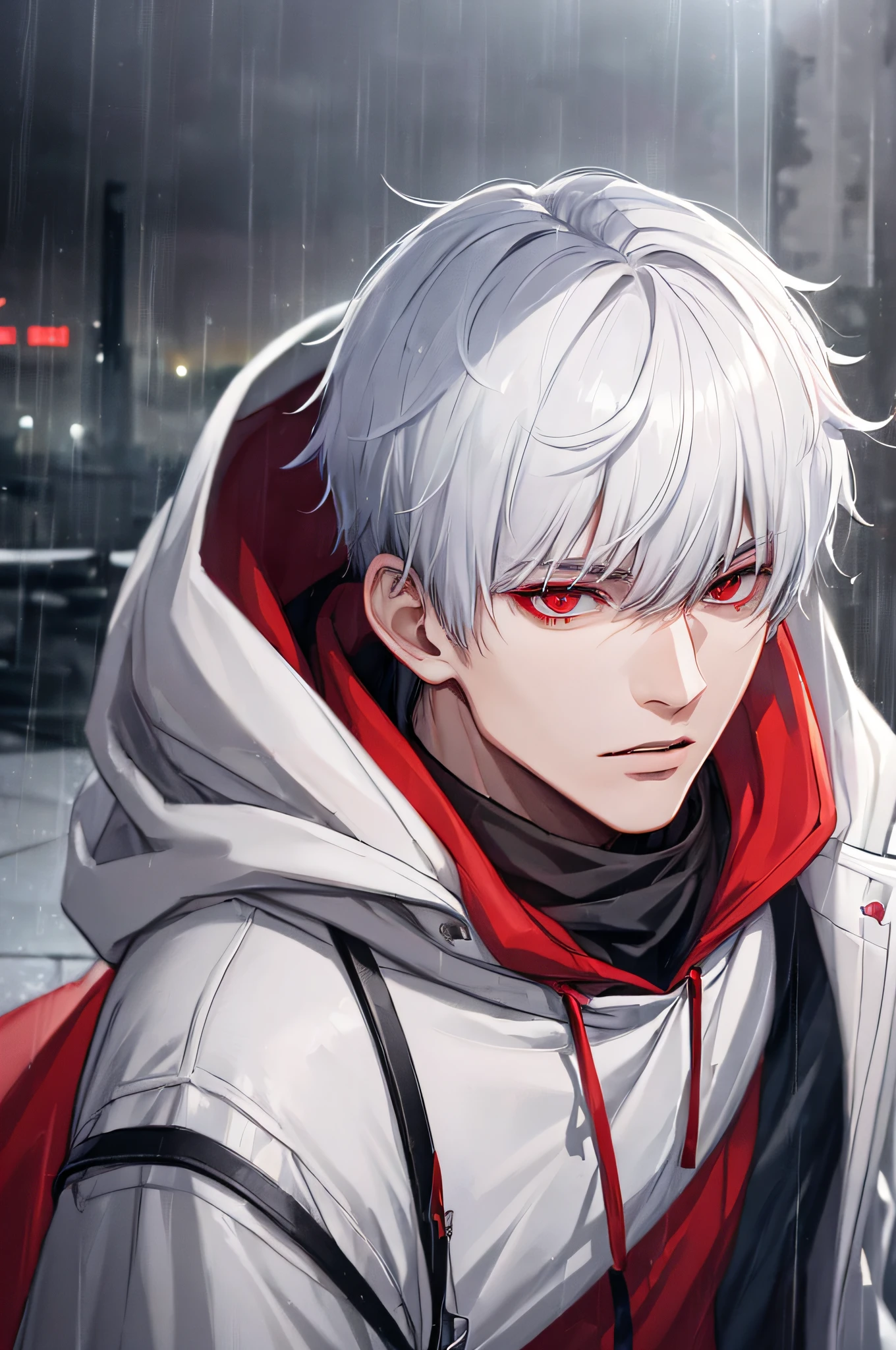 kk, best quality, more details, masterpiece, 1boy, kaneki ken, portrait, male focus, red eyes, solo, bangs, looking at viewer, hood, short hair, rain, tokyo tokyo \(city\), hood up, nail polish, white hair, luxurious, 8k, detailed, ray tracing, depth of field, cinematic lighting,