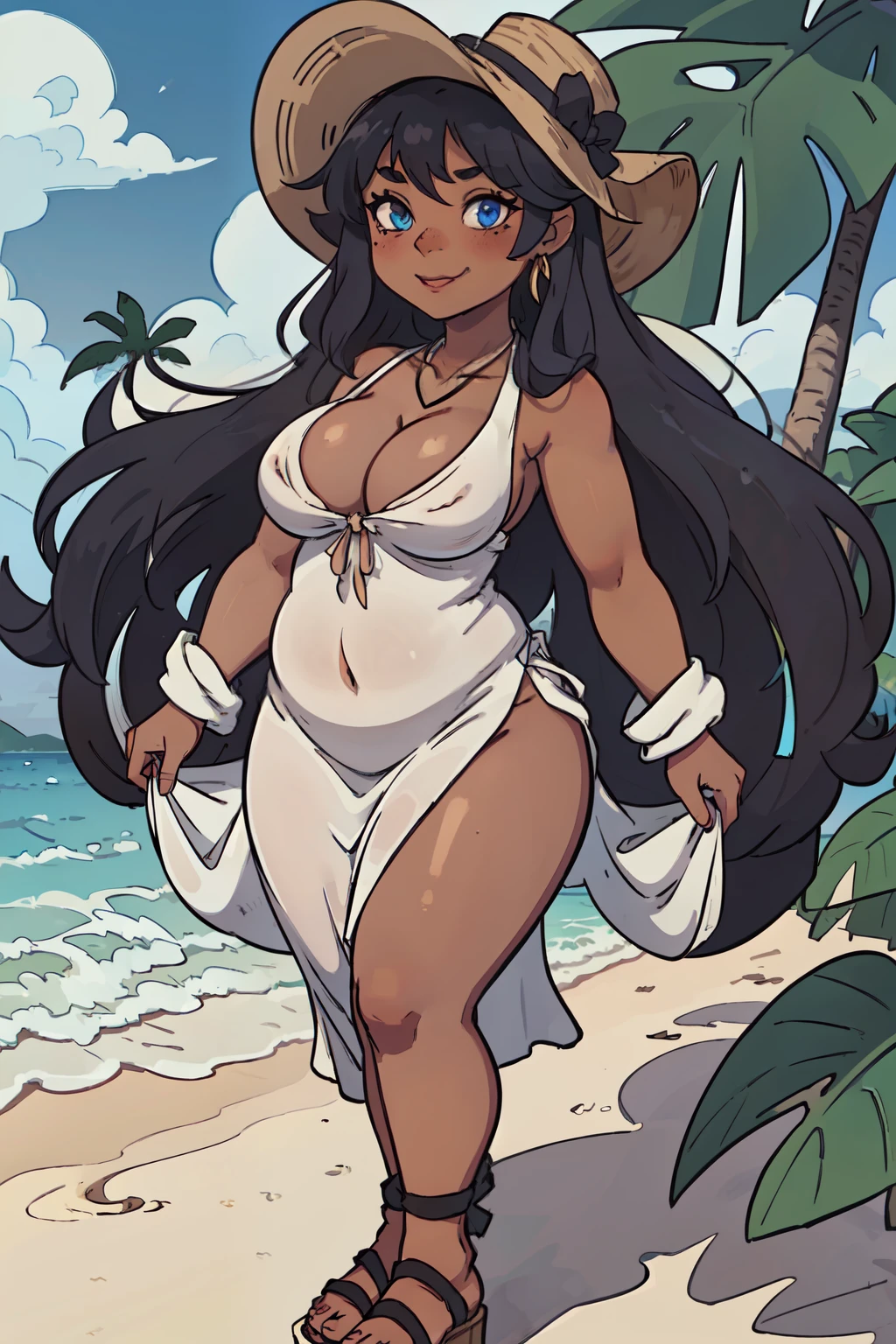 1girl, ((solo)), (dark skinned:1.8), goblin girl, blue_hair, very long hair, wide body, (small stature:1.7), (huge breast:1.6), hair between eyes, wide hips, blue eyes, mole, mole on chest, age up, lips, big lips, big noise, thick eyebrows, (chubby:1.7), smile, freckles, (seductive:1.5), flowy maxi dress, wide-brimmed hat, strappy sandals, shell necklace, beach,