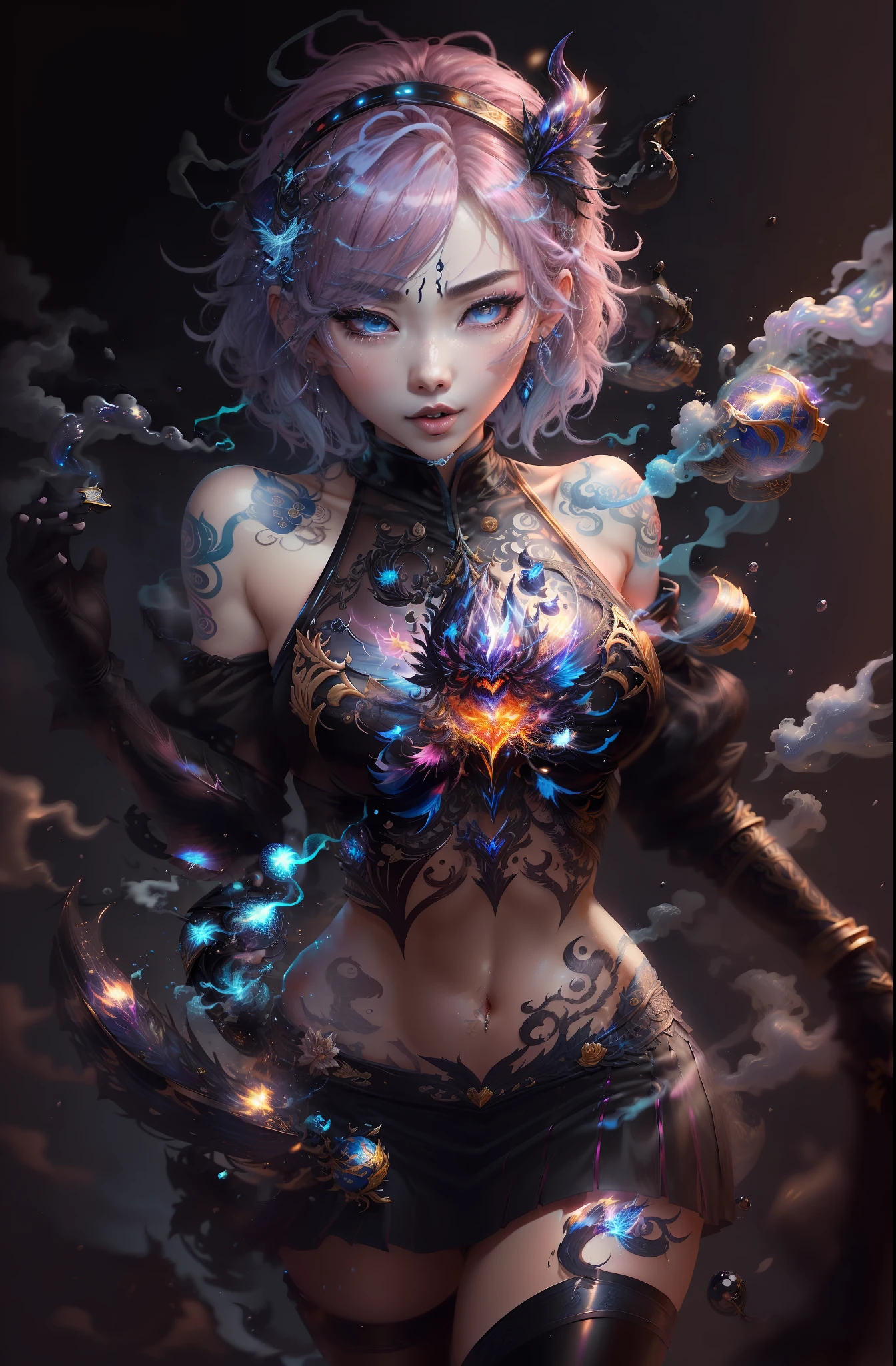 masterpiece、top-quality、A pink-haired、Blue lightning、life-like、realistic detail、High Details。blue clothing。Blue Thunder。Blue crystal。Black suspended particles。Black smoke。Black crystals around。Black smoke wafting around。Warping the body。Warping the body。banya。The Darkness。Ochi Yami Yugi。laught。short-hair。
1girl in, Beautie, seductived faced,, Fine skin, anicos_No 1,, shorth hair, a navel, Detached sleeves, bare shoulders, Central opening, cleavage of the breast,, middlebreasts, Long feather hair clip, Blue hair ornament, thigh highs,Look at viewers,in isekai、a miniskirt、Yami Ochi。seductiv。Brainkill。sexypose。Twin-tailed。Keep your mouth wide open。tattooed。demon tail。涎。Big open mouth。drool dripping from the mouth。Gold pattern at chest.。Painful look。Long Bello。long tongue。Bright tattoos。Bright tattoos。closing eye。long eyeslashes。Beauty manipulating lightning。Manipulate lightning at your disposal。lightning bolt。Thunder around。Thunderbolt。Lightning。lightning magic。
