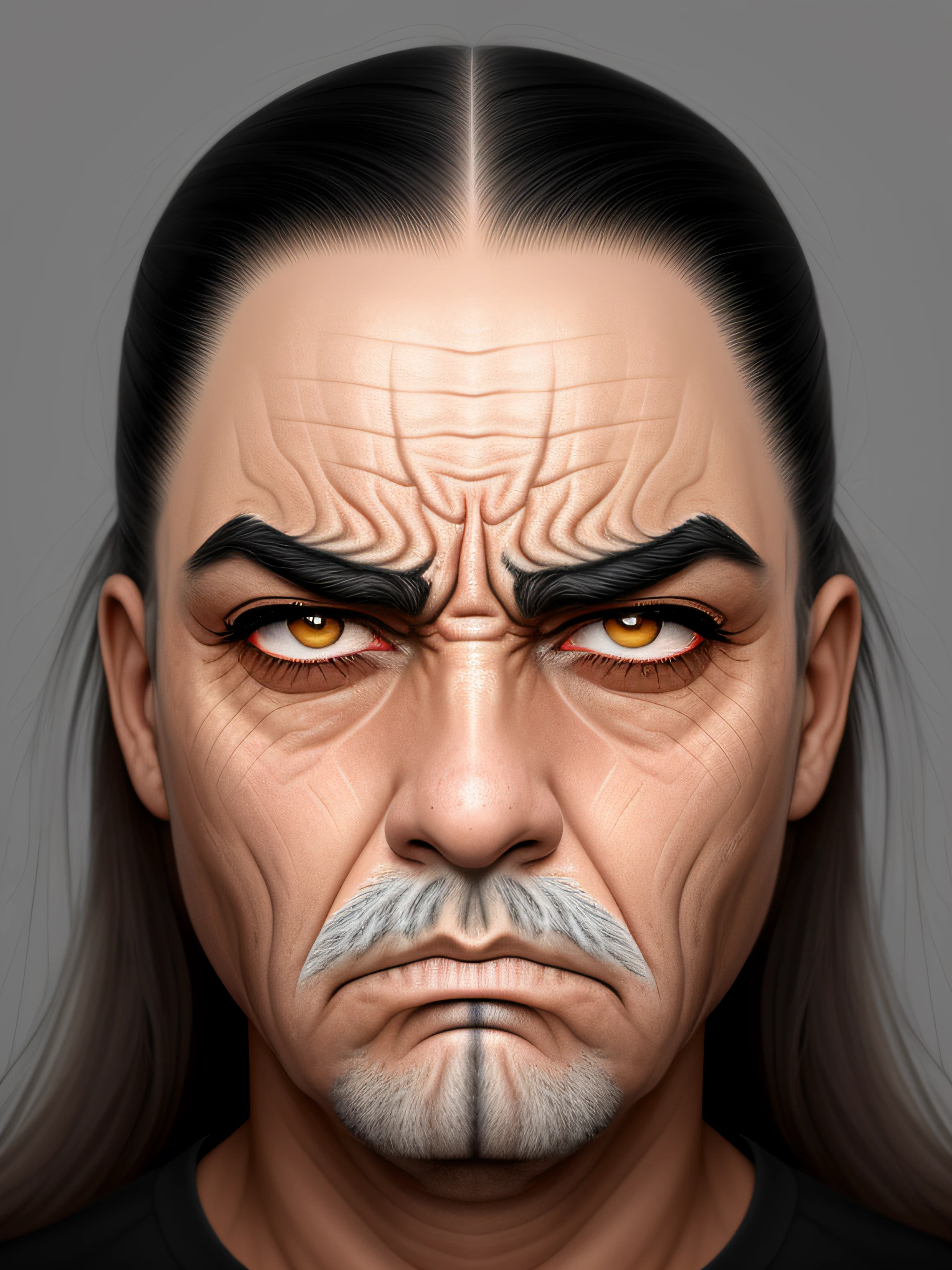 imagem arrogante de um homem com uma cara muito grande no rosto, Perfect eyelashes, cabelo e sobrancelhas brancas, face severa, stern expression, angry expression, mal-humorado [ velho ], angry facial expression, angry looking at camera, cara de raiva, homem zangado, very angry expression, arte digital muito realista, olhar irritado, cara de zangada, parecendo irritado, Scowling, olhar severo, pintura digital ultra realista