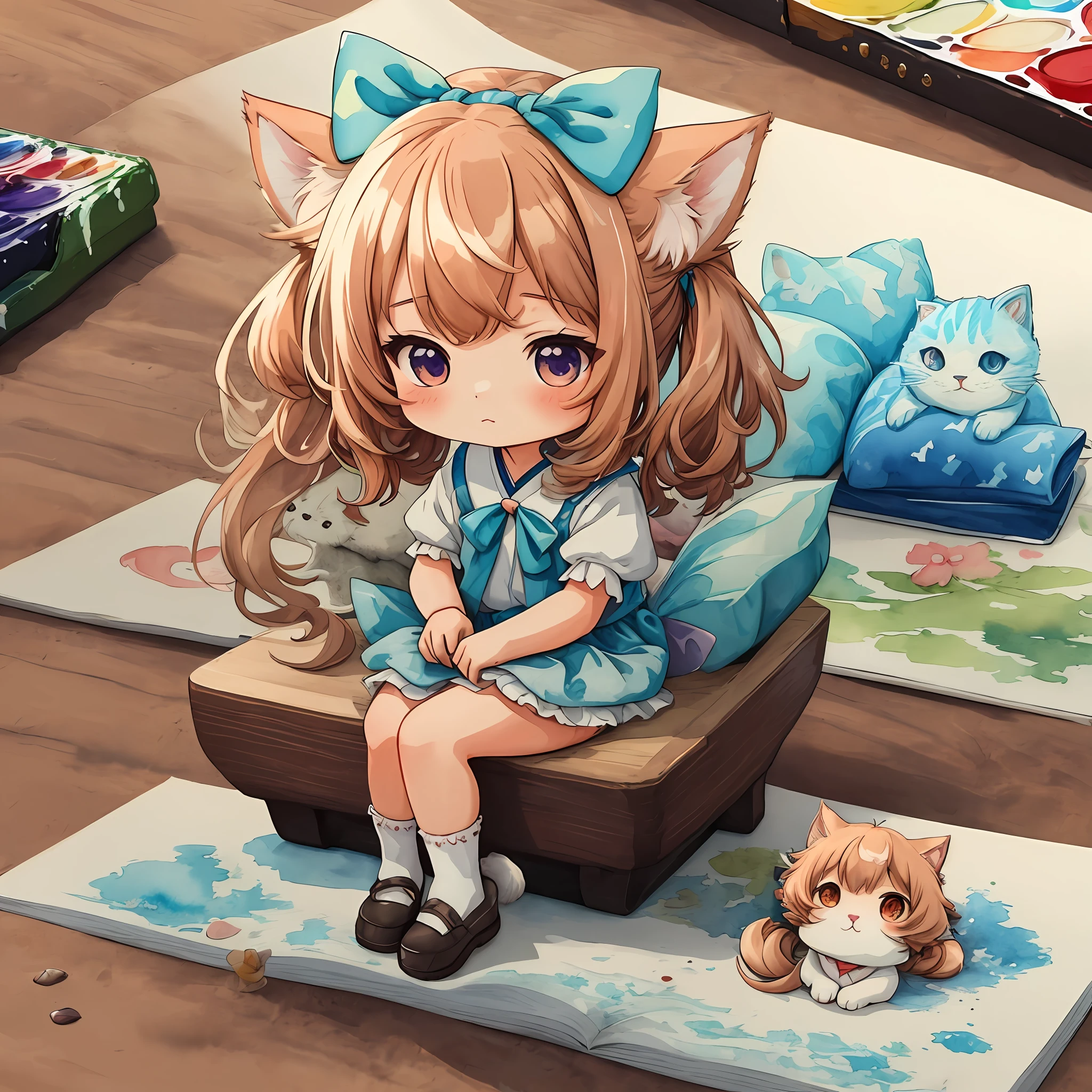 masterpiece、top-quality、ultra-detailliert、Watercolor painting、illustratio、extremely delicate and beautiful、
Chibi Chara,1girl in, 独奏, 浅笑,Cat Ear Ribbon
pigtails、Live Stage、