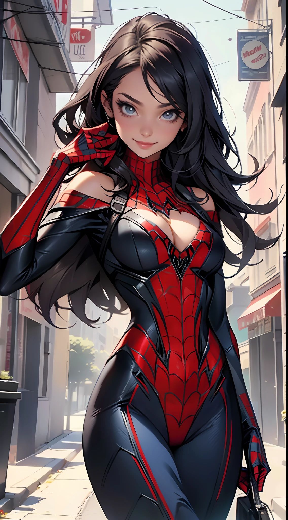 Beautiful woman detailed defined body using spider man cosplay，little breast，cleavage，ssmile，Off-the-shoulder attire