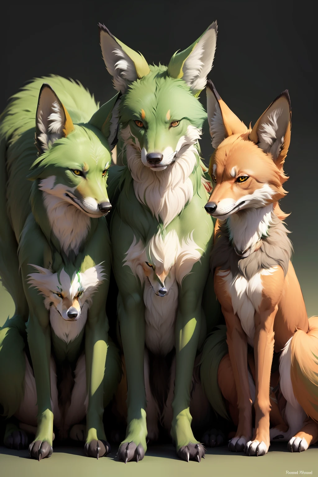 animal de quatro patas verdes, Wild green maned wolf with green fur with green fur and fuzzy green aetherpunk