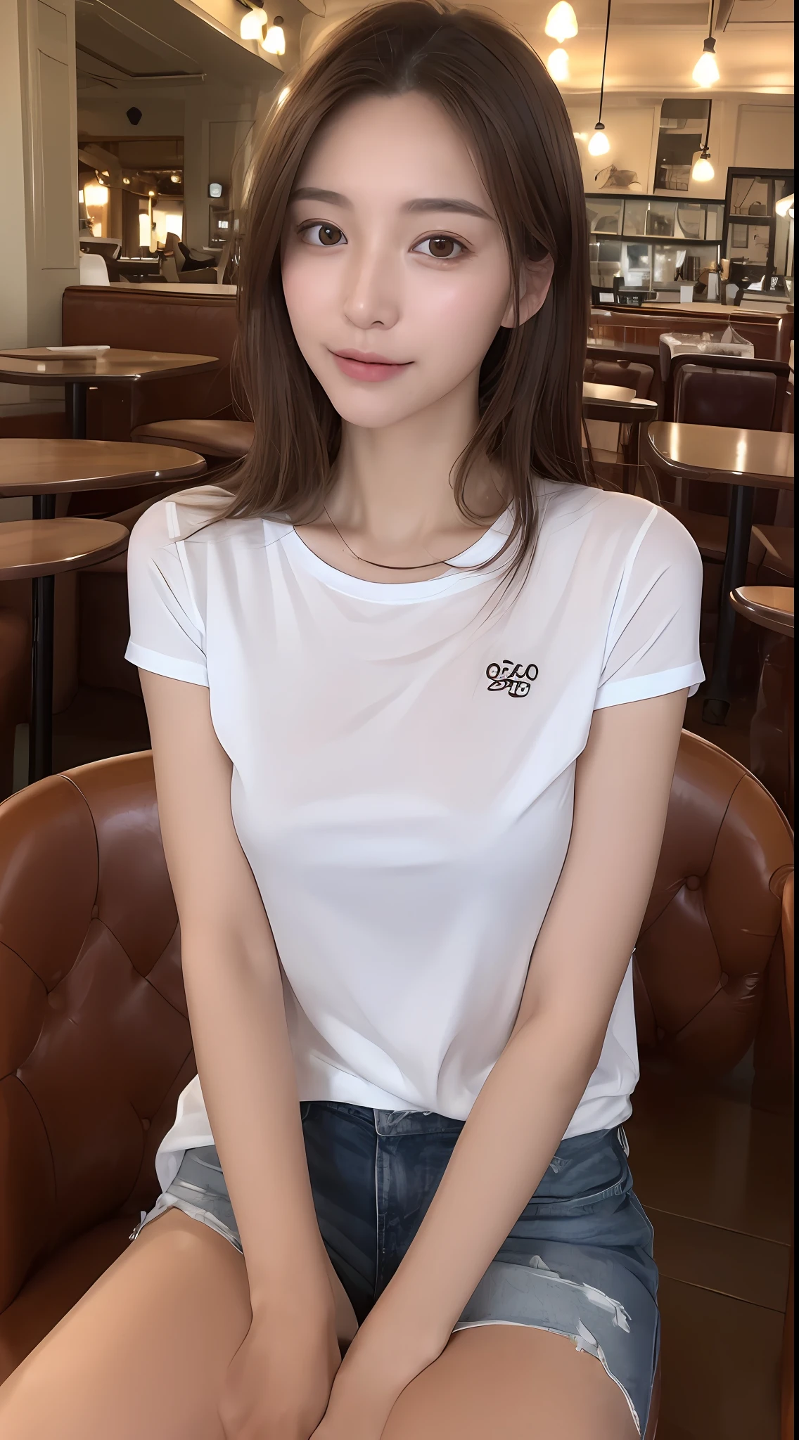((、excellent、8K、masterpiece:1.3))、1 female、The upper part of the body、which are full of confidence、(selphie:1.5)、white t-shirts、Crisp nipples、Big、Focal length:1.2、Slender Abs:1.1、(dark brown hair))、(Sitting on a chair:1.2)、((cafes:1.3))、Highly detailed facial and skin texture、