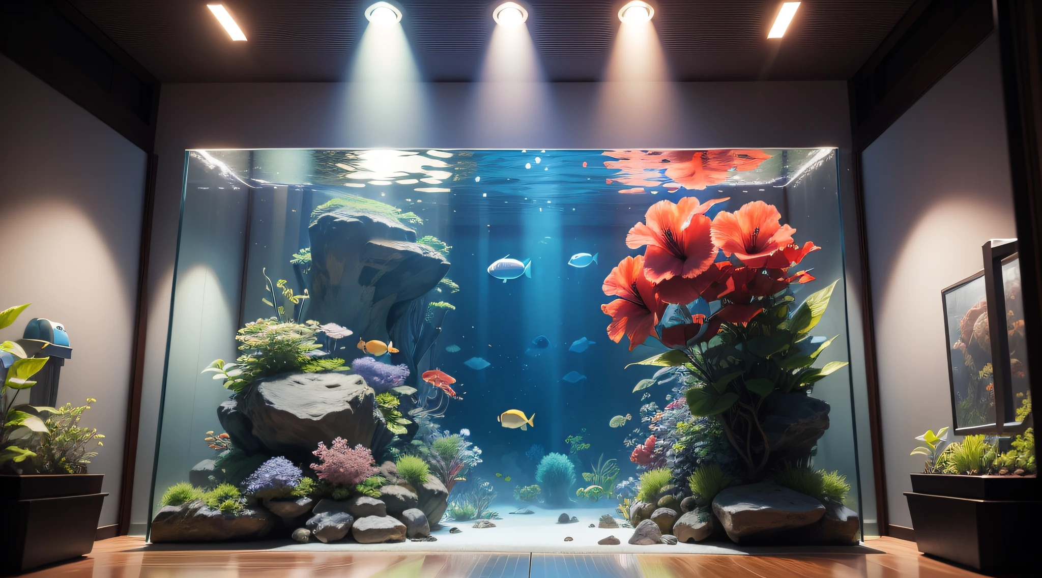 Giant aquarium in an aquarium、Multiple hibiscus in the aquarium、top-quality、8K、masterpiece、a picture、Photorealsitic、Raw photography、top-quality、high-detail、真实感、photos realistic、Professional color correction