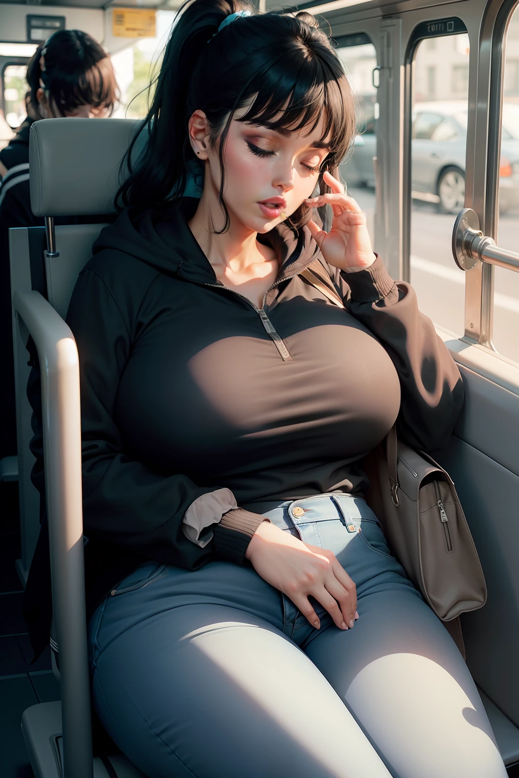 1 beautiful woman, large body, curvy, 50-year-old woman, eyes closed, false eyelashes, short ponytail, bangs, black hair, eyelids made up, eyelids outlined with makeup, black polo shirt with a design, light blue jeans, black jacket with zipper and hood over polo shirt, slippers, wearing a brown bag, asleep with her mouth open, asleep lying on the bus seat, hands in her lap, mouth wide open, lips made up, nodding.
