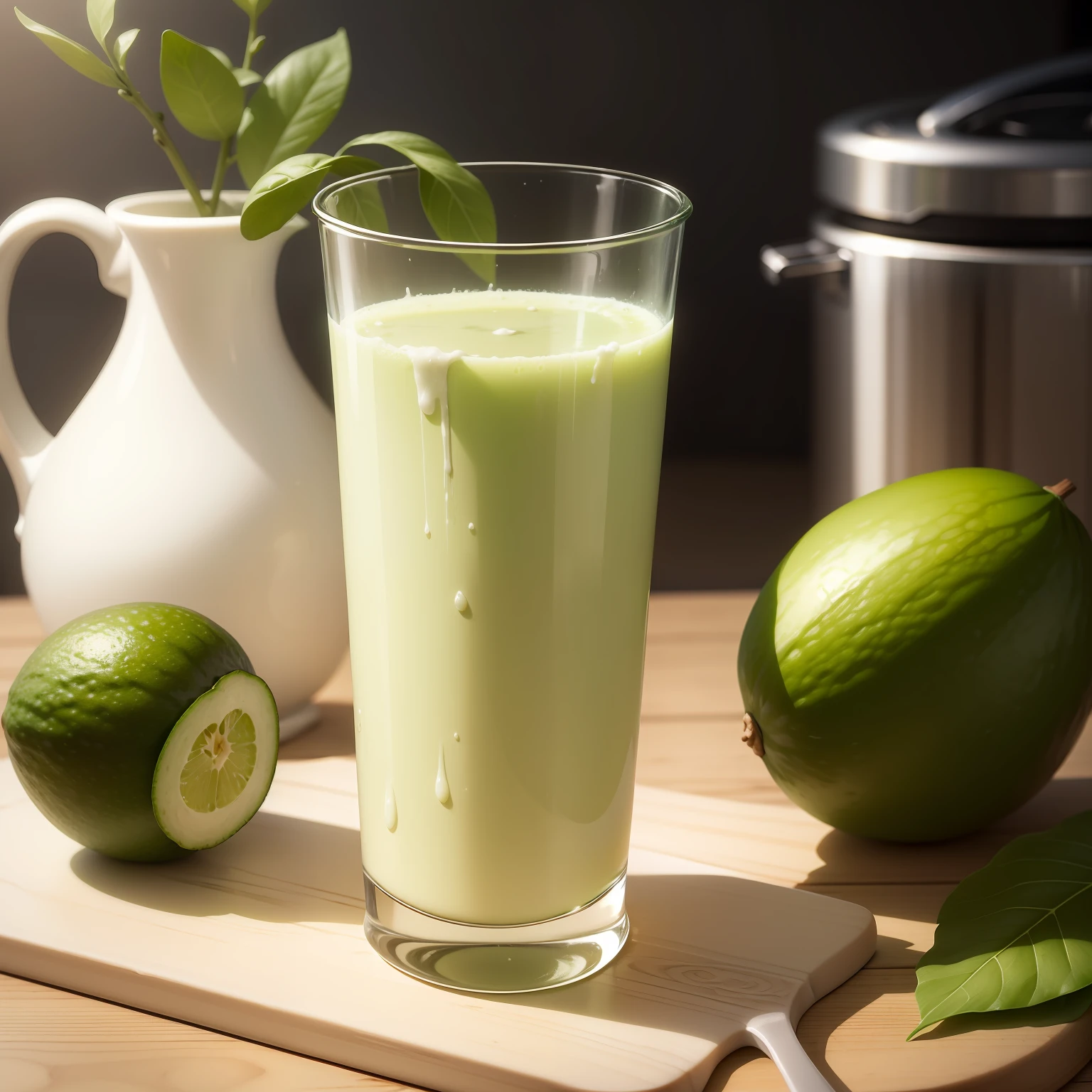 Enjoy a fresh and invigorating morning in your cosy white kitchen as you prepare an irresistible creamy avocado vitamin. A foto mostra abacates inteiros e partidos ao meio, exibindo sua polpa verde vibrante. The morning sunlight gently illuminates the environment, highlighting the creamy texture of the vitamin and enhancing the freshness of the ingredients. Smell the soothing, comforting aroma of avocado as you create this delicious nutritious beverage. Let yourself be captivated by the feeling of vitality and well-being that this vitamin provides