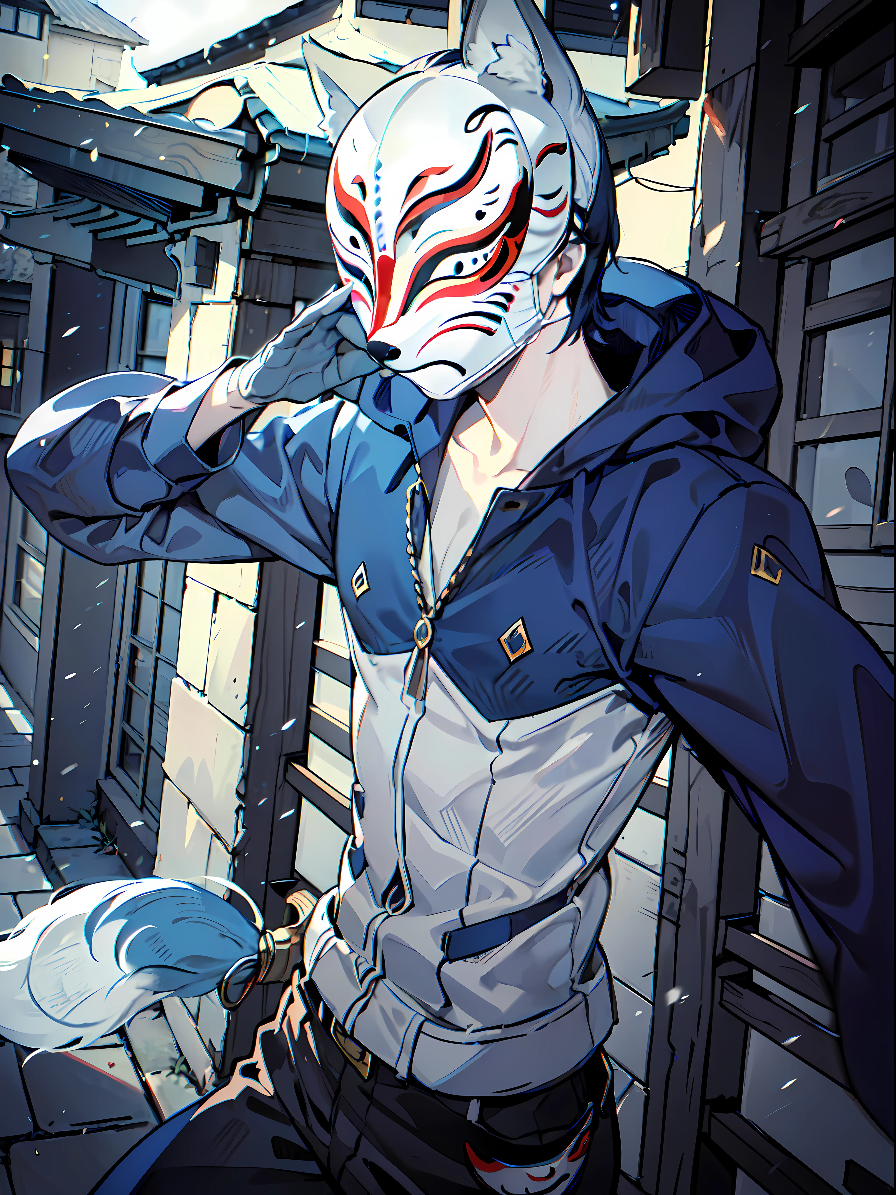 ((masterpiece)), ((pale skin)), (8k:1.2), ((male)), (dynamic pose:1.3), dynamic angle, (dark blue hair:1.2), (fox mask:1.4), costume, (exterior:1.4), katana, graceful, (short hair:1.1), (eyes through mask:1.4), blue eyes, ((bold outline))