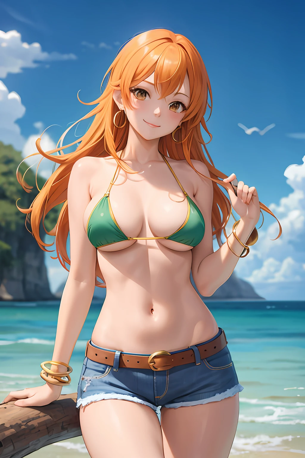 detailed background, masterpiece, best quality, nude, 1girl, solo, nami \(one piece\), 1girl, bangle, bangs, bare shoulders, belt, bikini,, blue sky, no bra, breasts, brown eyes, bubble, cloud, cowboy shot, day, denim, earrings, floating hair, green belt, green bikini, groin, jeans, jewelry, large breasts, log pose, long hair, looking at viewer, navel, orange hair, sidelocks, sky, smile, solo,take off your bra,looking at viewer