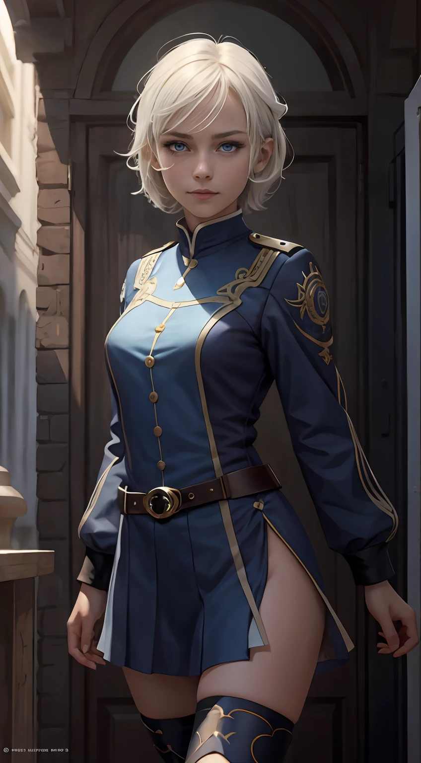 Hair color is white, animesque, beautiful girl, Blue eyes, No background, Smiling, Short hair, photorealistic beautiful girl, Light hair, slender long legs, hyper detailed painting, luminism, with an intricate, Intricately detailed, Trending on ArtStation, mix of bold dark lines and loose lines, bold lines, On paper , Uniform and full body, Humanoid, Facing the front, Full body.