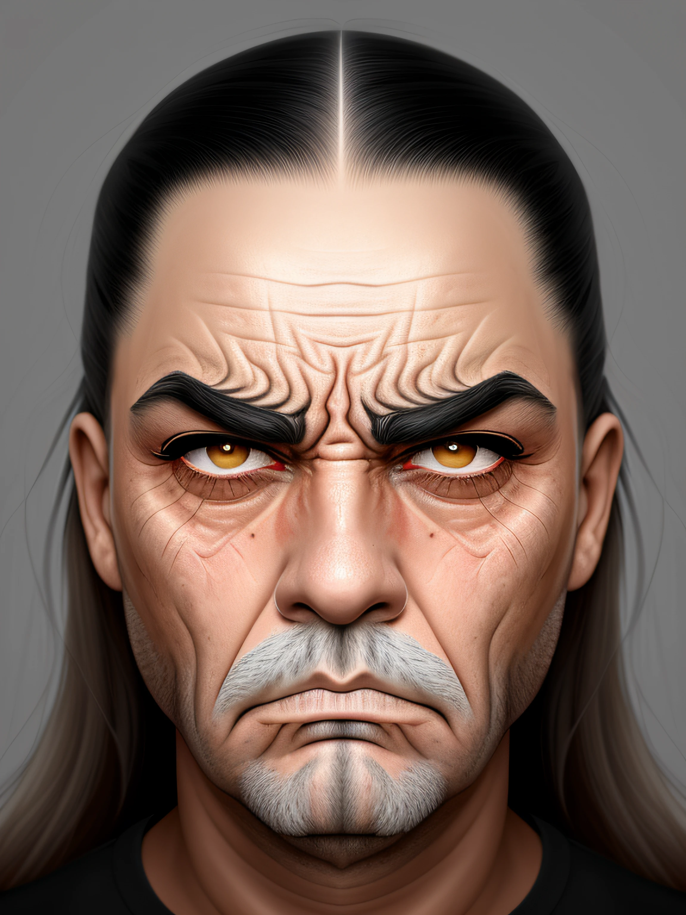 imagem arrogante de um homem com uma cara muito grande no rosto, Perfect eyelashes, cabelo e sobrancelhas brancas, face severa, stern expression, angry expression, mal-humorado [ velho ], angry facial expression, angry looking at camera, cara de raiva, homem zangado, very angry expression, arte digital muito realista, olhar irritado, cara de zangada, parecendo irritado, Scowling, olhar severo, pintura digital ultra realista