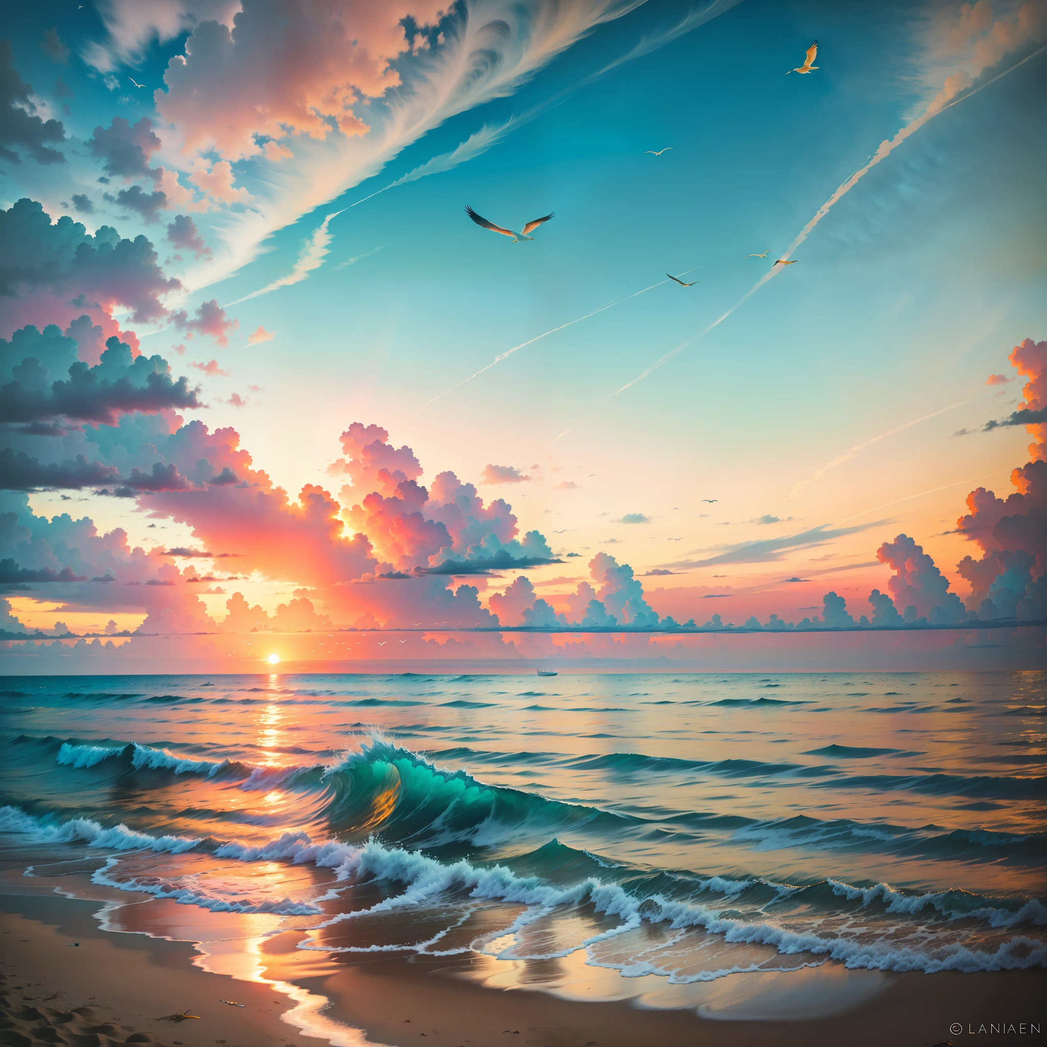 An absolutely mesmerizing sunset over the beach, with a blend of oranges, pinks, and yellows filling the sky. Crystal-clear waters of the sea gently kissing the shore, with sandy white beach stretching far and wide. The scene is dynamic and breathtaking, with seagulls soaring high in the sky and gently swaying palm trees. Take in the calming atmosphere and let the peacefulness wash over you.